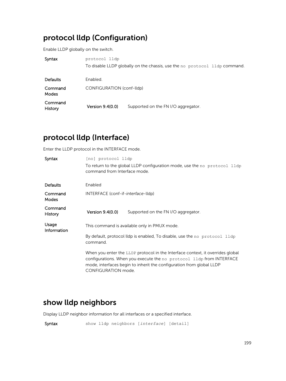 Protocol lldp (configuration), Protocol lldp (interface), Show lldp neighbors | Dell PowerEdge FX2/FX2s User Manual | Page 199 / 462
