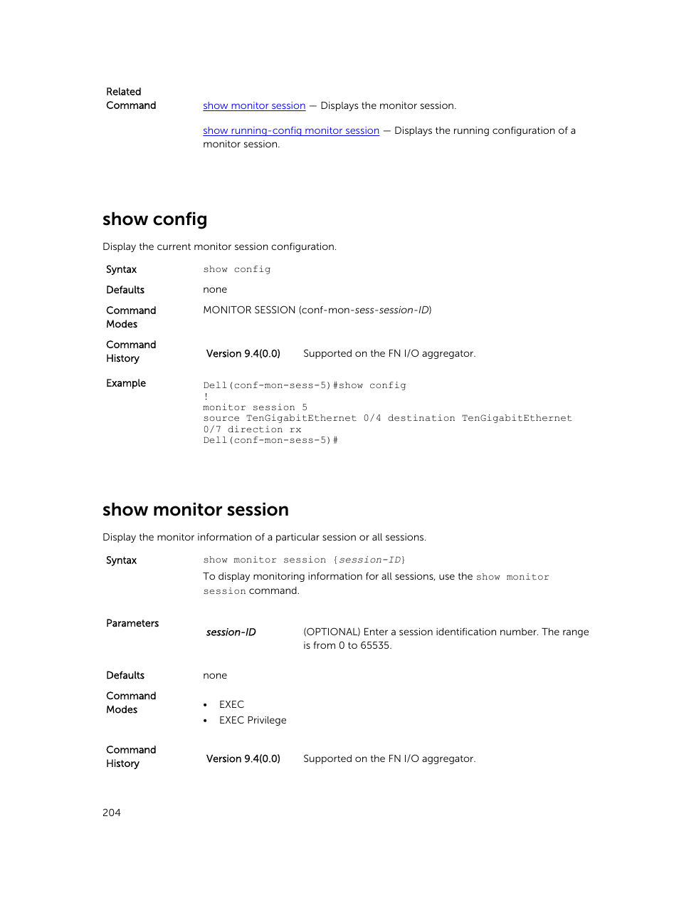 Show config, Show monitor session | Dell PowerEdge FX2/FX2s User Manual | Page 204 / 462