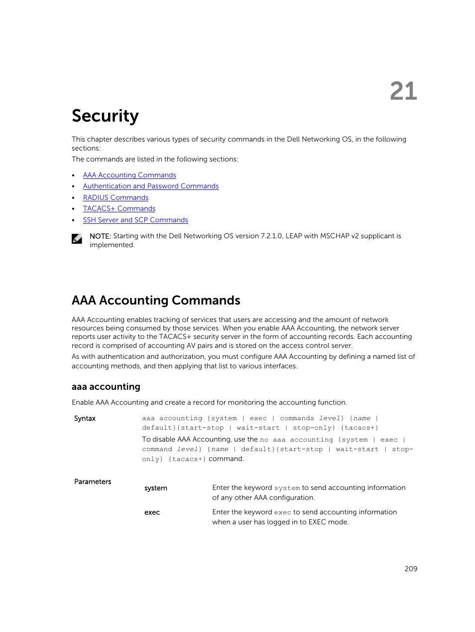 Security, Aaa accounting commands, Aaa accounting | 21 security | Dell PowerEdge FX2/FX2s User Manual | Page 209 / 462