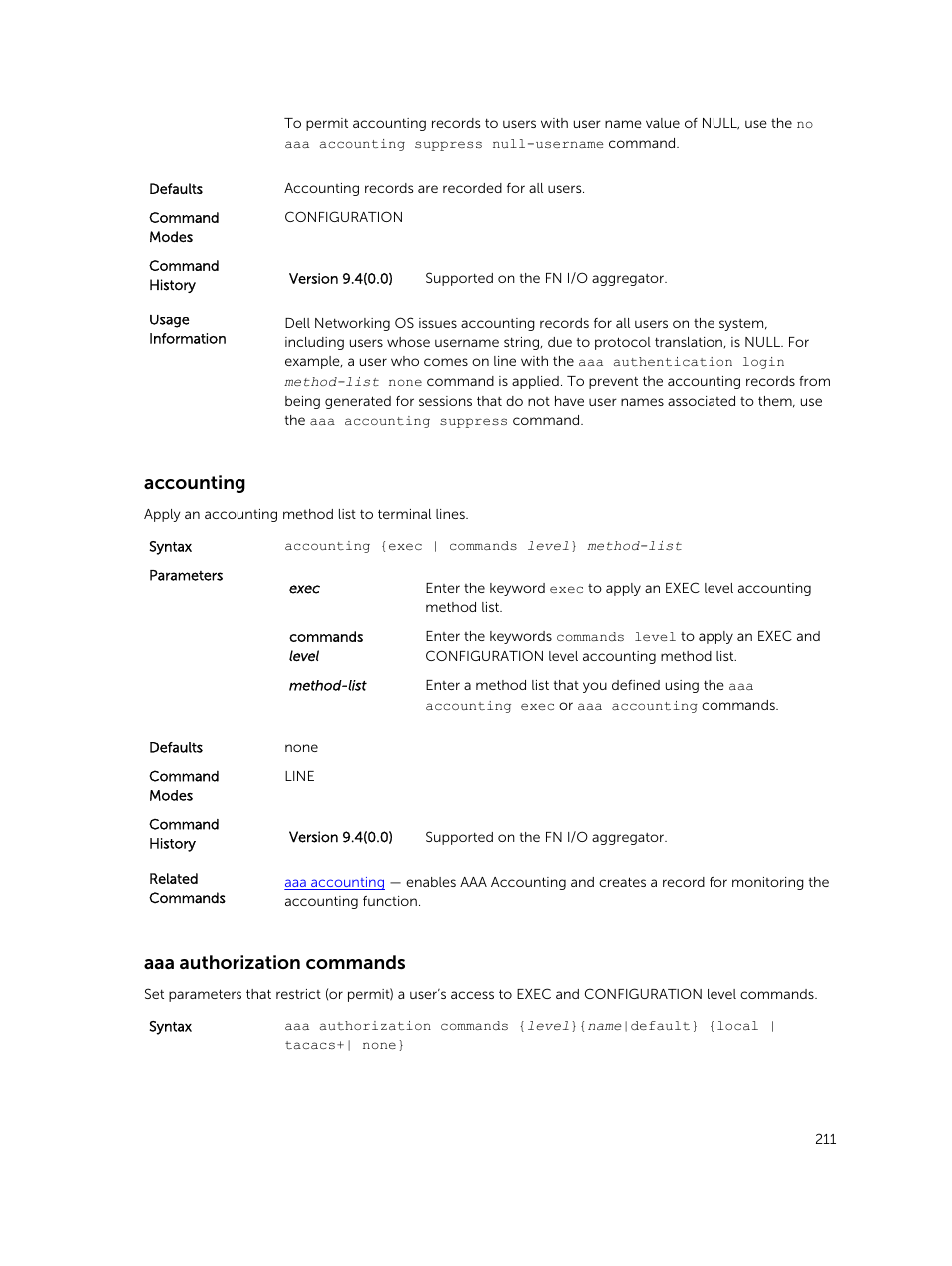 Accounting, Aaa authorization commands | Dell PowerEdge FX2/FX2s User Manual | Page 211 / 462