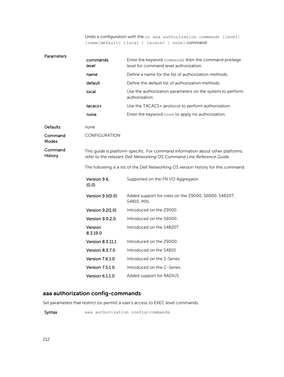 Aaa authorization config-commands | Dell PowerEdge FX2/FX2s User Manual | Page 212 / 462