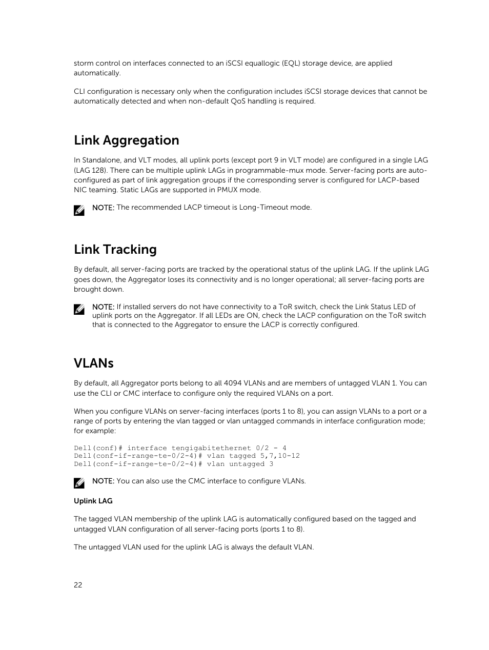 Link aggregation, Link tracking, Vlans | Dell PowerEdge FX2/FX2s User Manual | Page 22 / 462