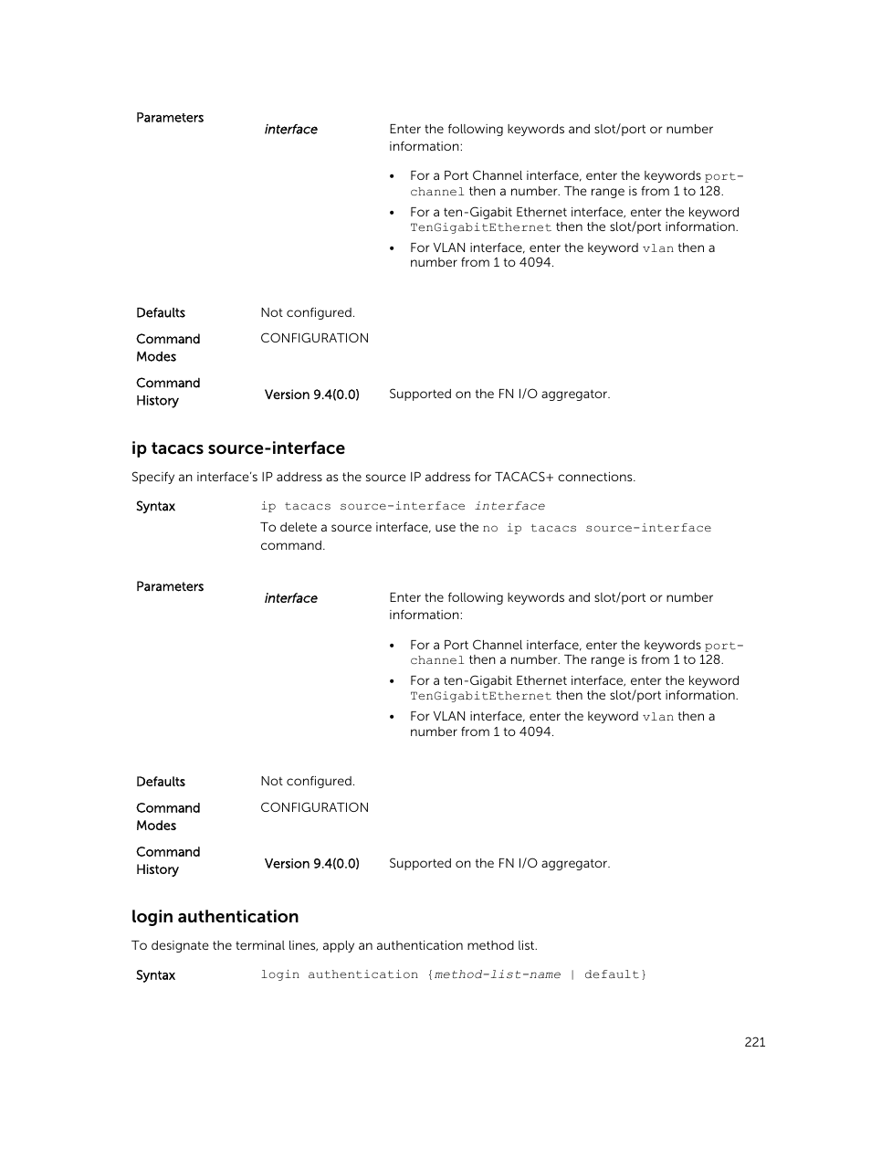 Ip tacacs source-interface, Login authentication | Dell PowerEdge FX2/FX2s User Manual | Page 221 / 462