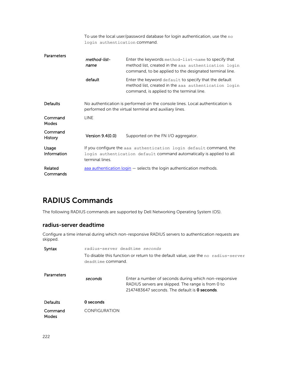 Radius commands, Radius-server deadtime | Dell PowerEdge FX2/FX2s User Manual | Page 222 / 462