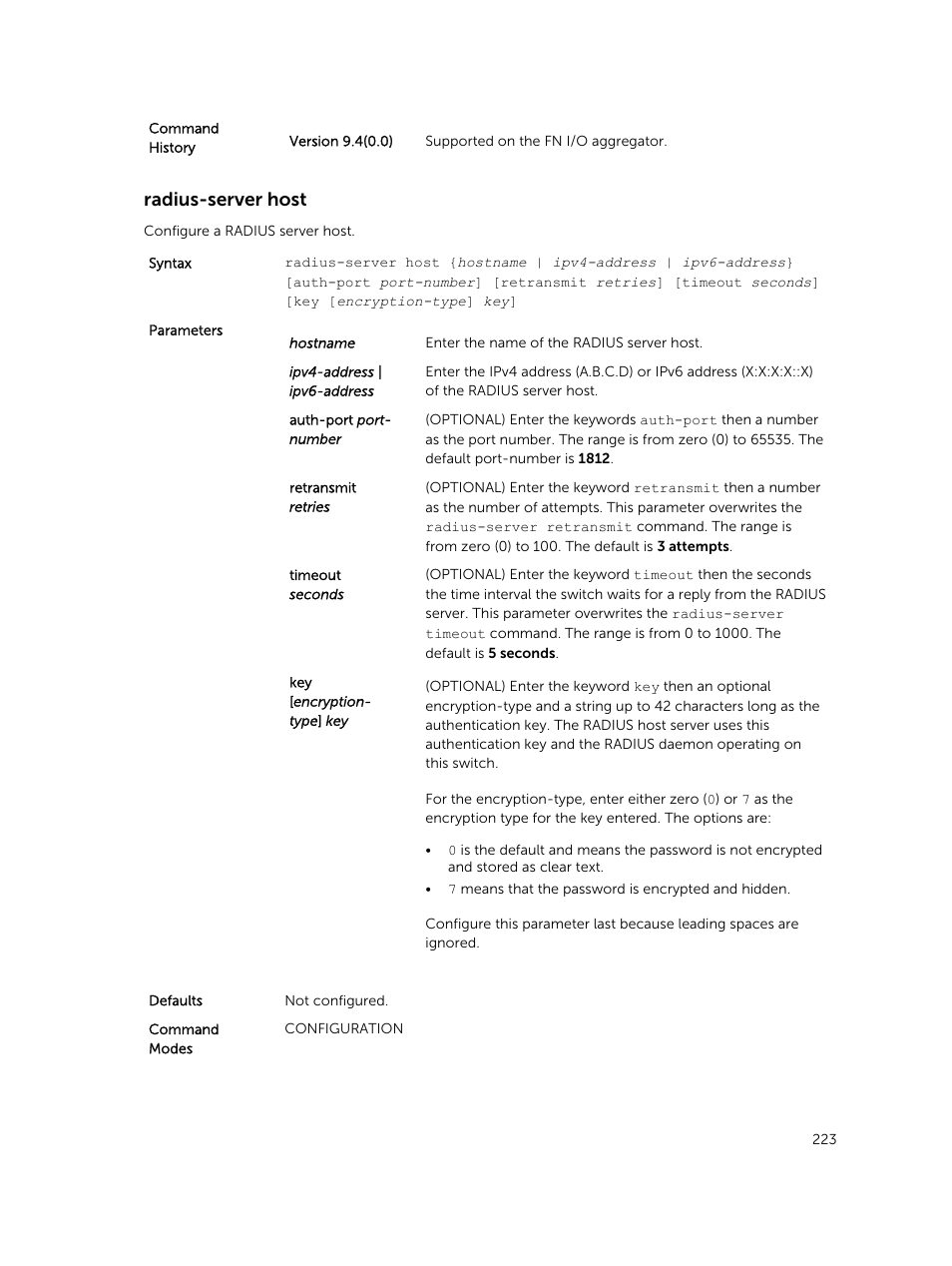 Radius-server host | Dell PowerEdge FX2/FX2s User Manual | Page 223 / 462