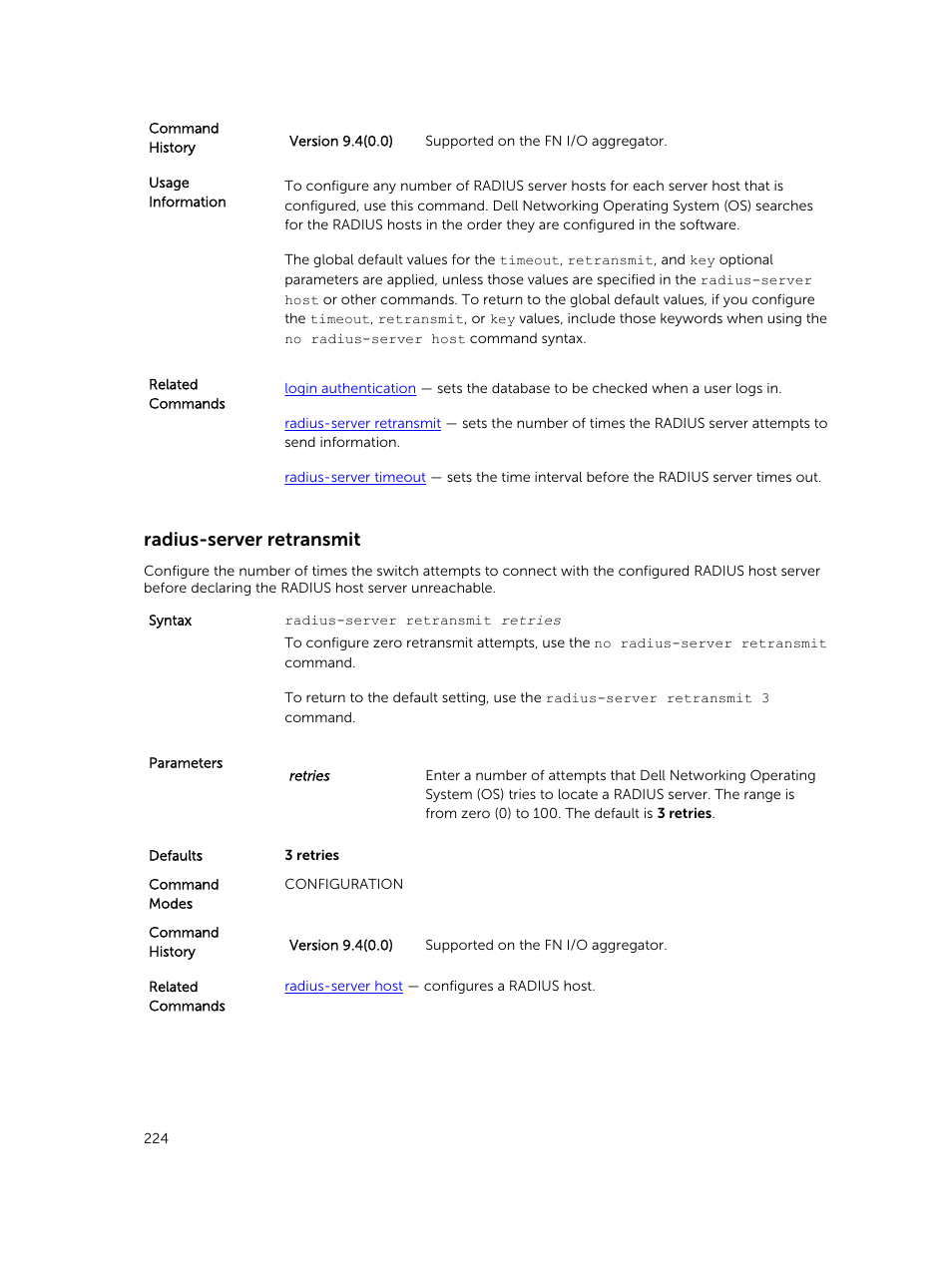 Radius-server retransmit | Dell PowerEdge FX2/FX2s User Manual | Page 224 / 462