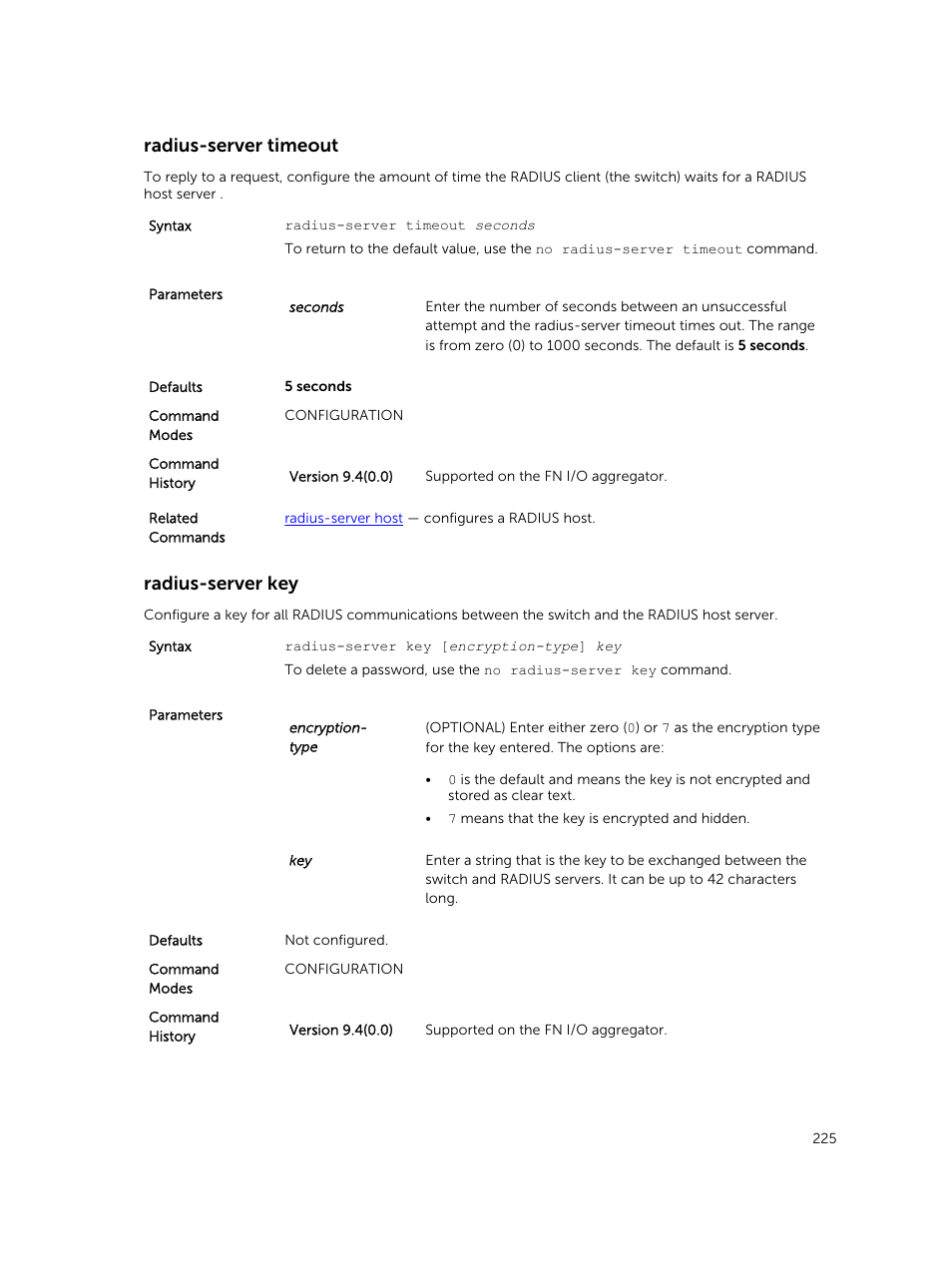 Radius-server timeout, Radius-server key | Dell PowerEdge FX2/FX2s User Manual | Page 225 / 462