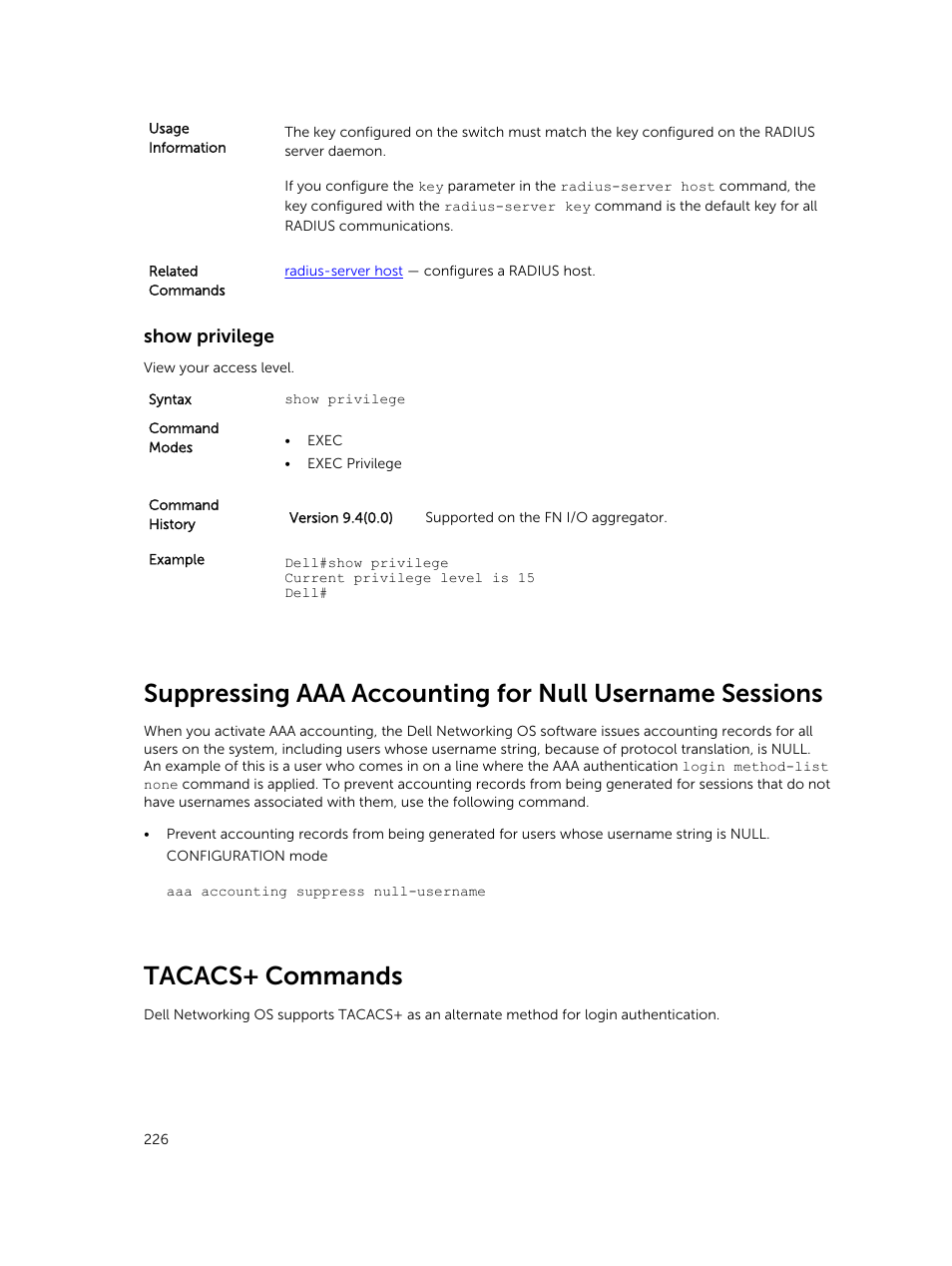 Show privilege, Tacacs+ commands | Dell PowerEdge FX2/FX2s User Manual | Page 226 / 462