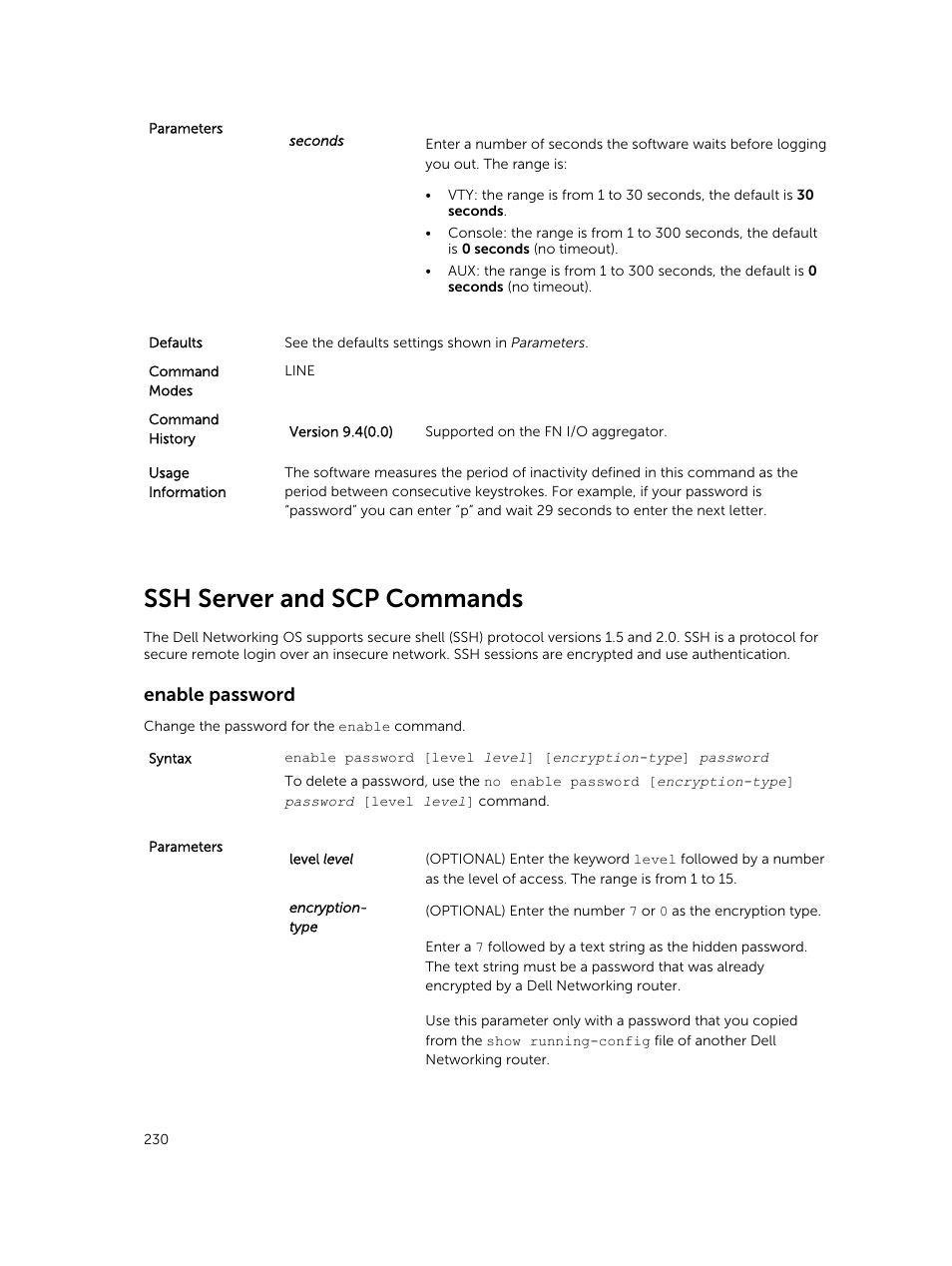 Ssh server and scp commands, Enable password | Dell PowerEdge FX2/FX2s User Manual | Page 230 / 462