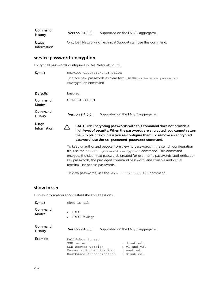 Service password-encryption, Show ip ssh | Dell PowerEdge FX2/FX2s User Manual | Page 232 / 462