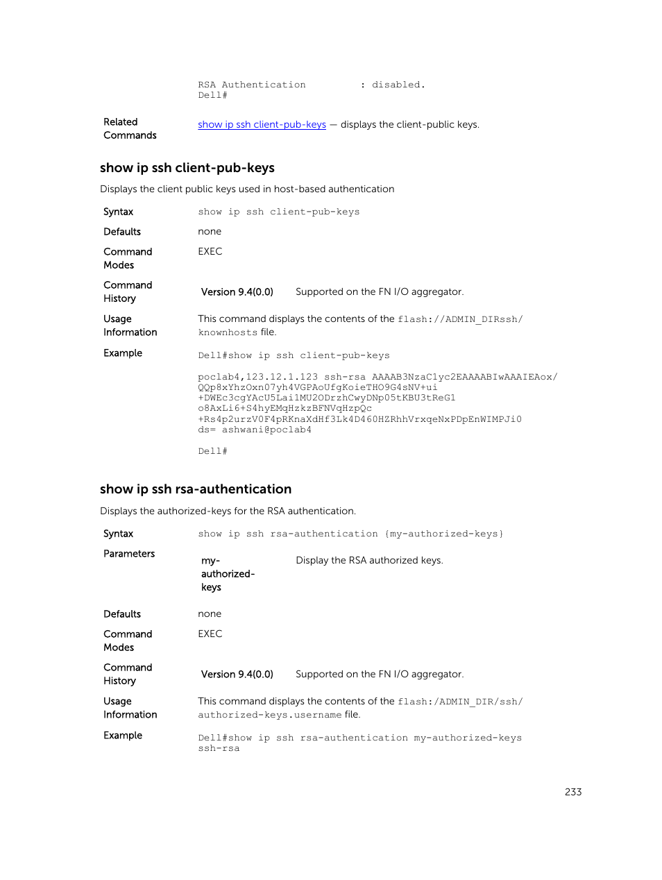 Show ip ssh client-pub-keys, Show ip ssh rsa-authentication | Dell PowerEdge FX2/FX2s User Manual | Page 233 / 462