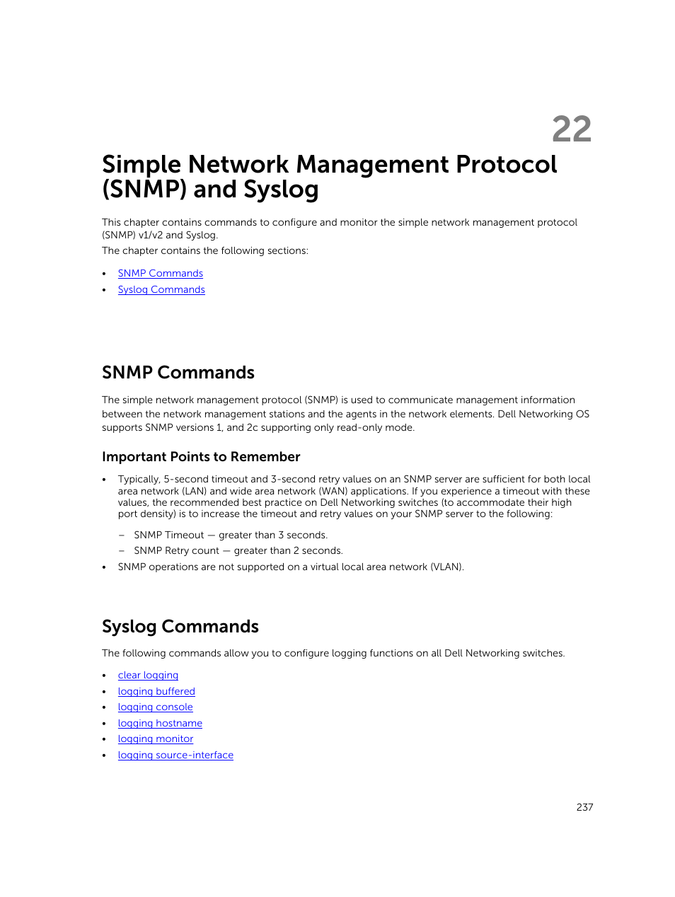 Snmp commands, Syslog commands | Dell PowerEdge FX2/FX2s User Manual | Page 237 / 462