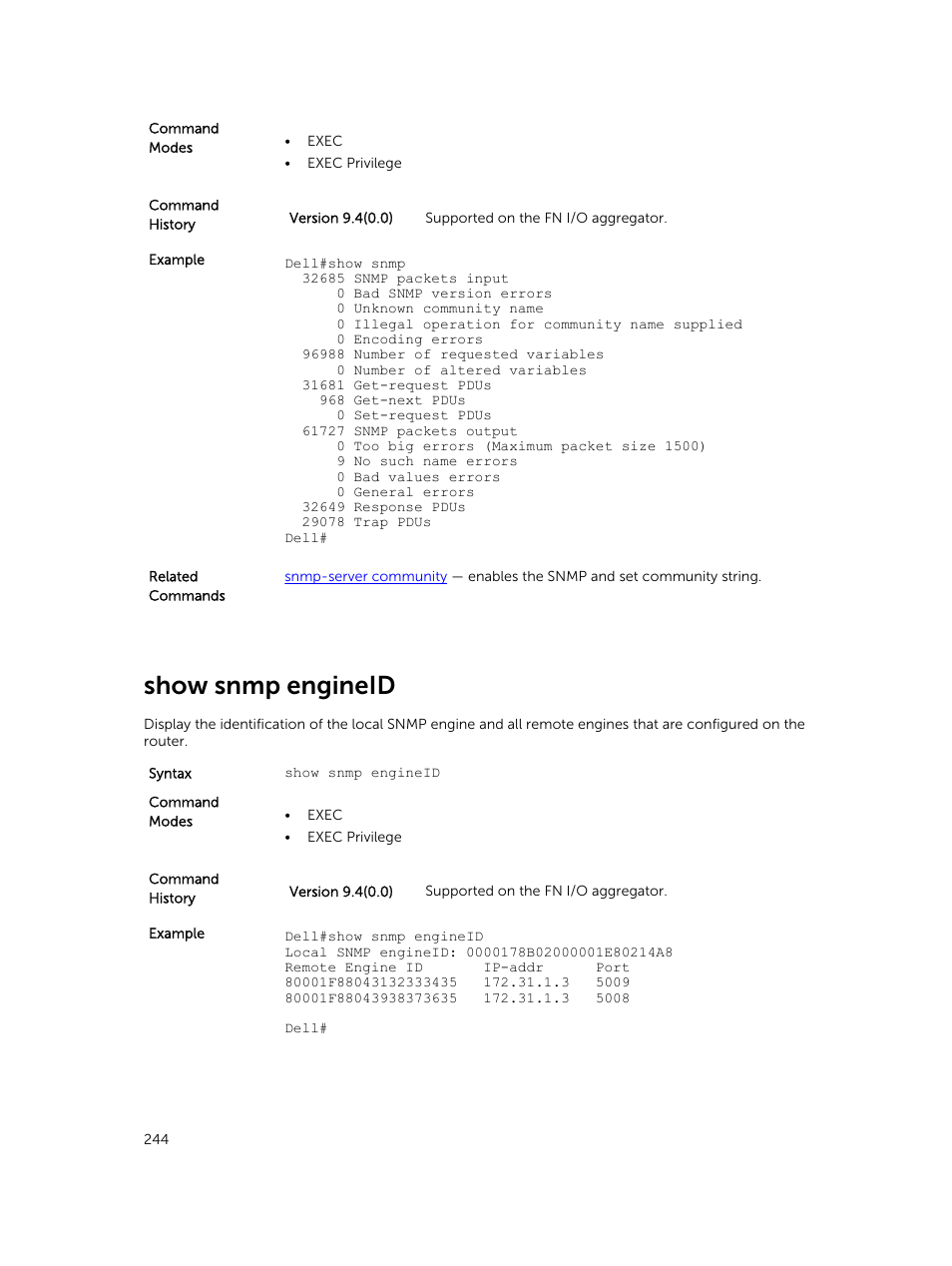 Show snmp engineid | Dell PowerEdge FX2/FX2s User Manual | Page 244 / 462