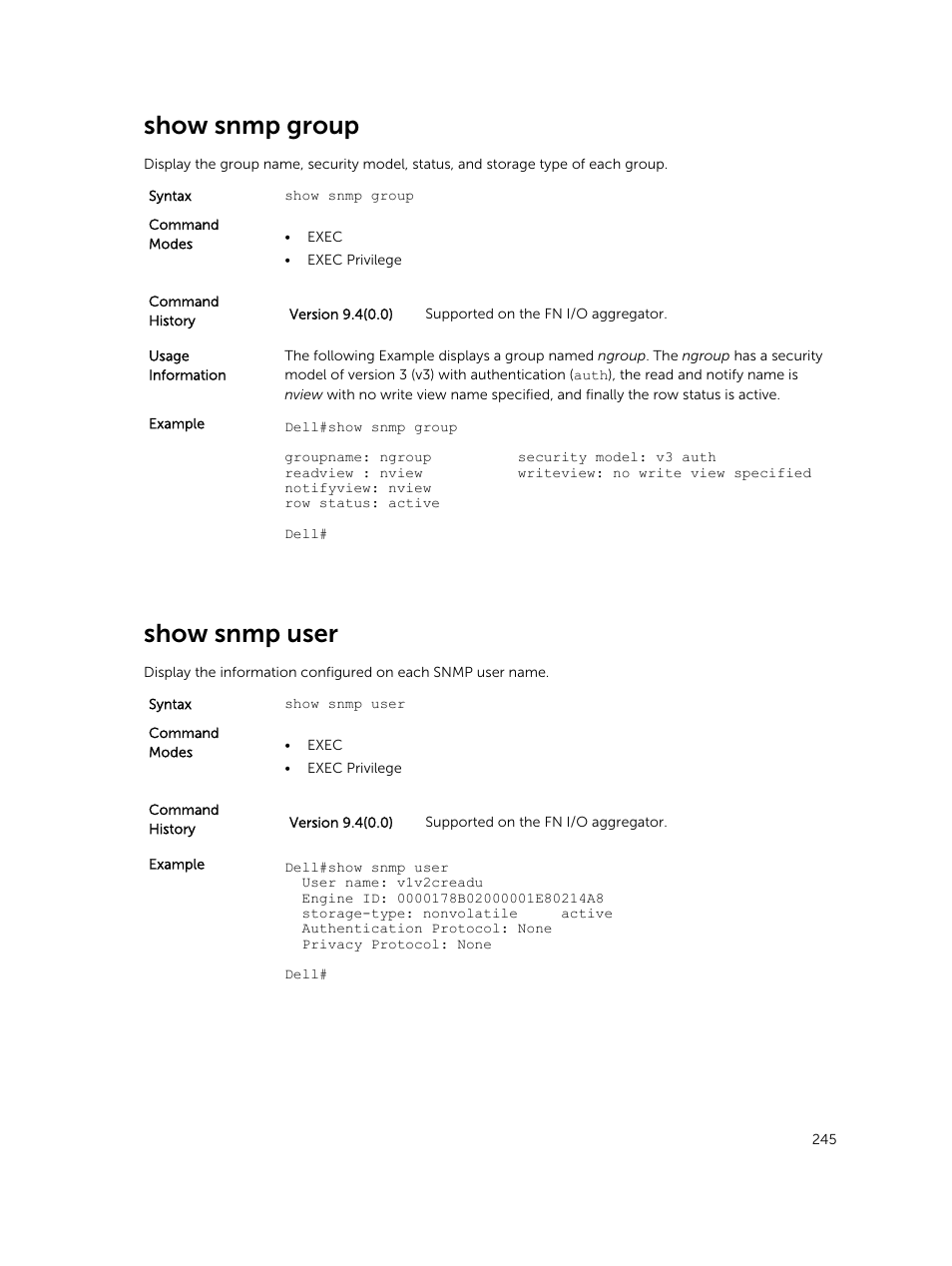 Show snmp group, Show snmp user | Dell PowerEdge FX2/FX2s User Manual | Page 245 / 462