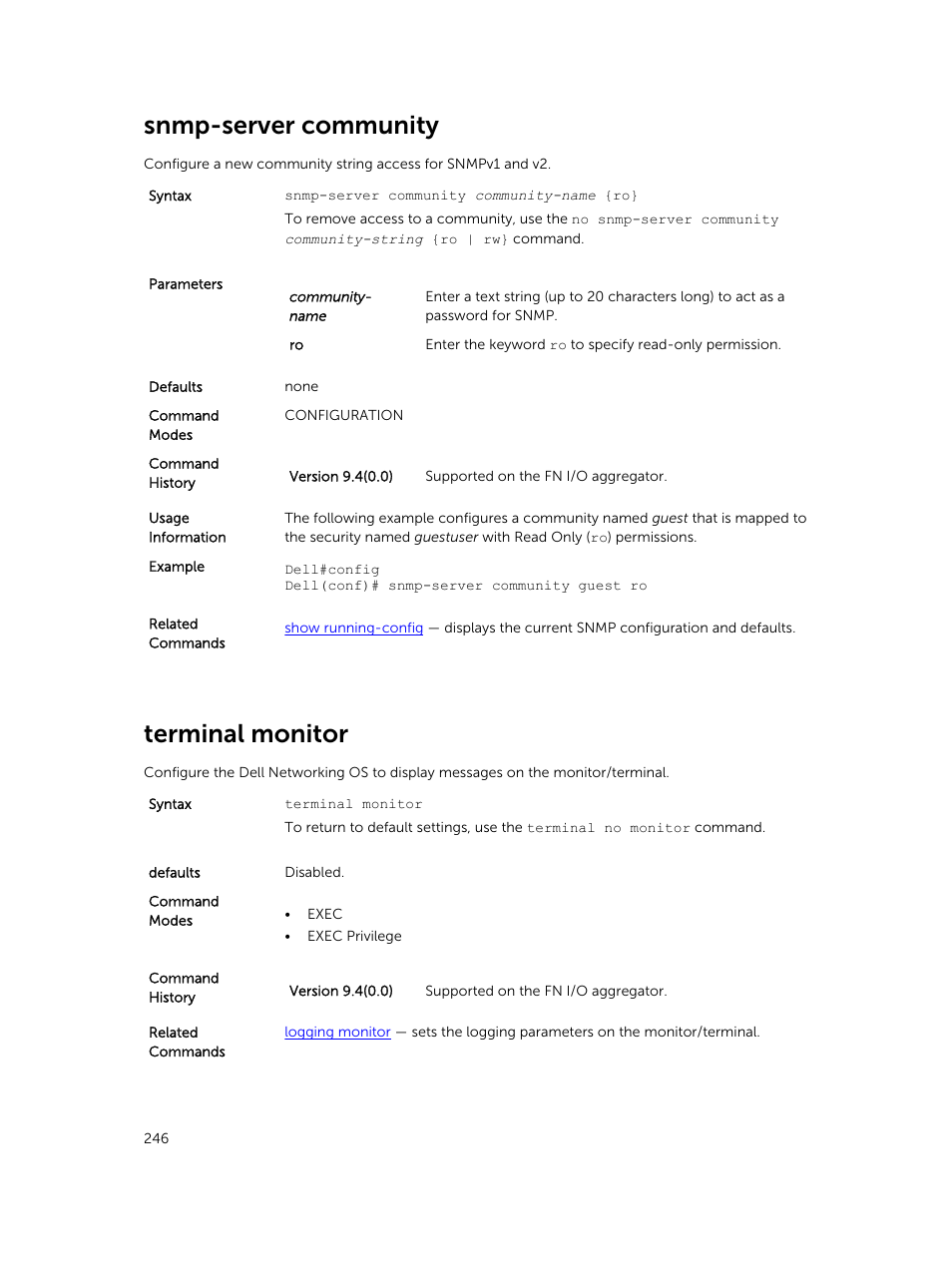 Snmp-server community, Terminal monitor | Dell PowerEdge FX2/FX2s User Manual | Page 246 / 462