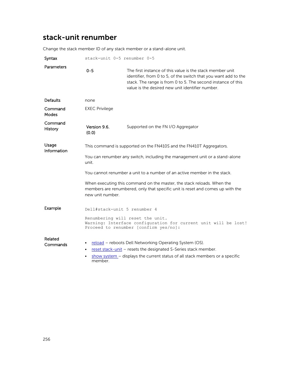 Stack-unit renumber | Dell PowerEdge FX2/FX2s User Manual | Page 256 / 462