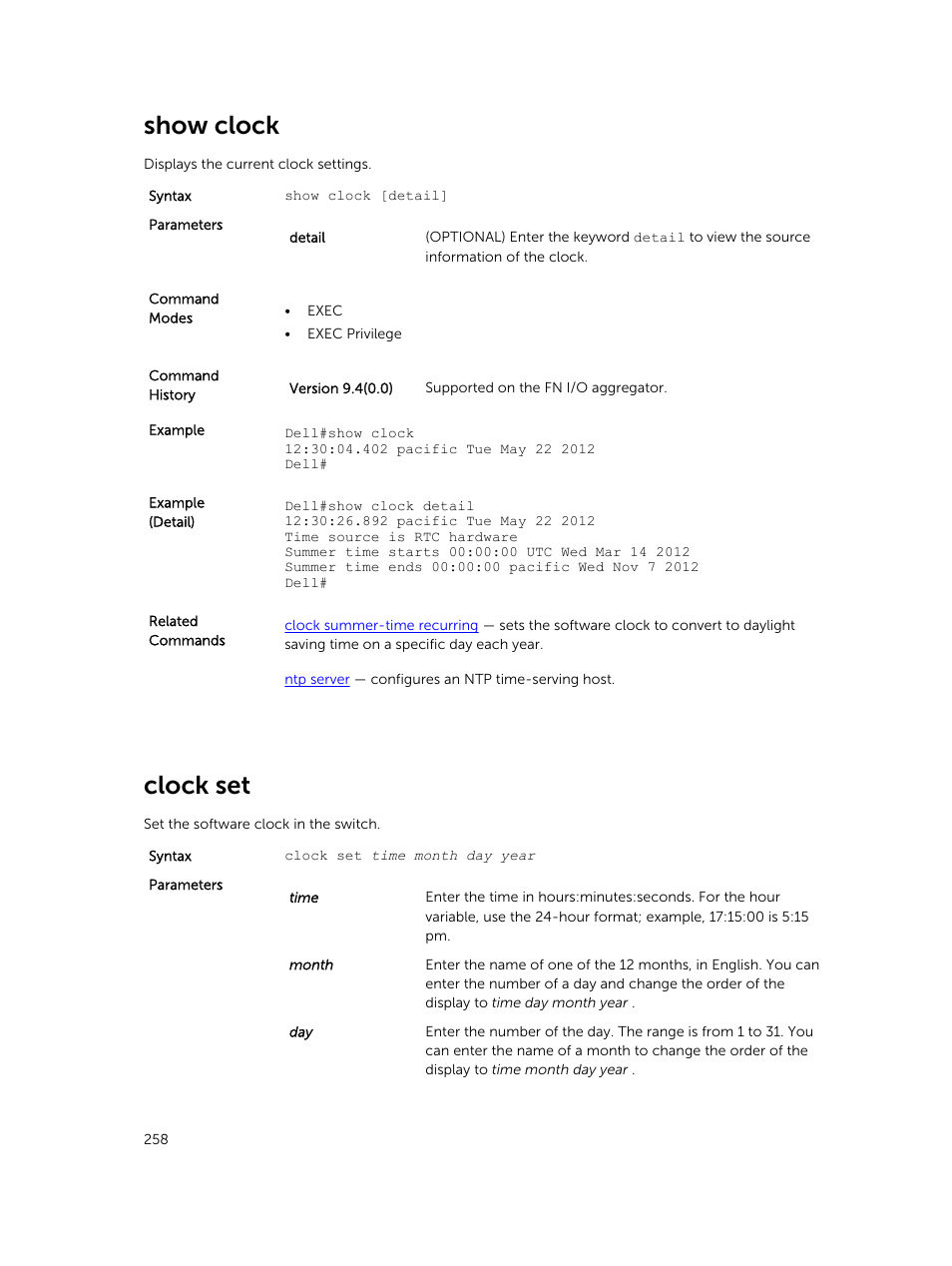 Show clock, Clock set | Dell PowerEdge FX2/FX2s User Manual | Page 258 / 462