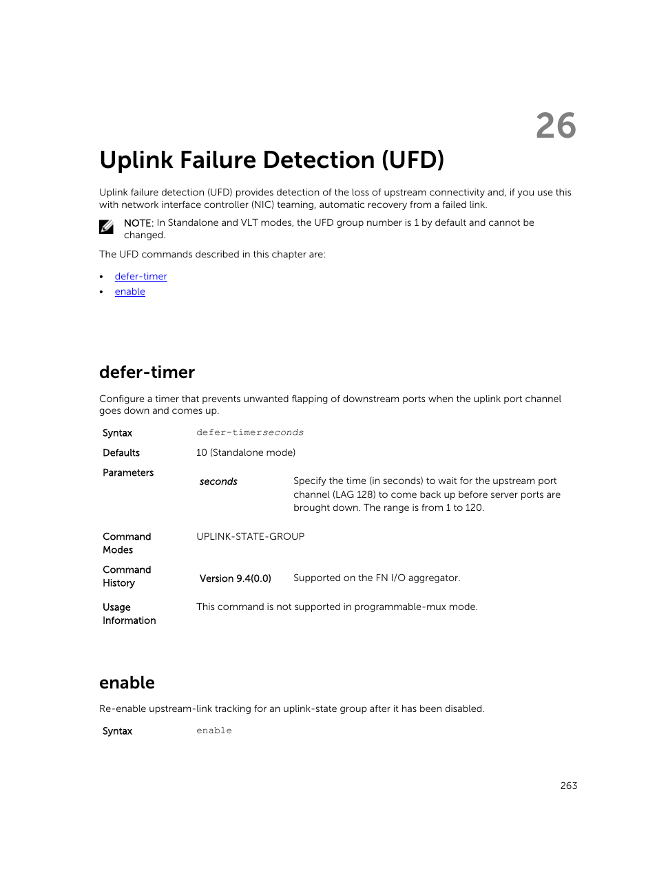 Uplink failure detection (ufd), Defer-timer, Enable | 26 uplink failure detection (ufd) | Dell PowerEdge FX2/FX2s User Manual | Page 263 / 462