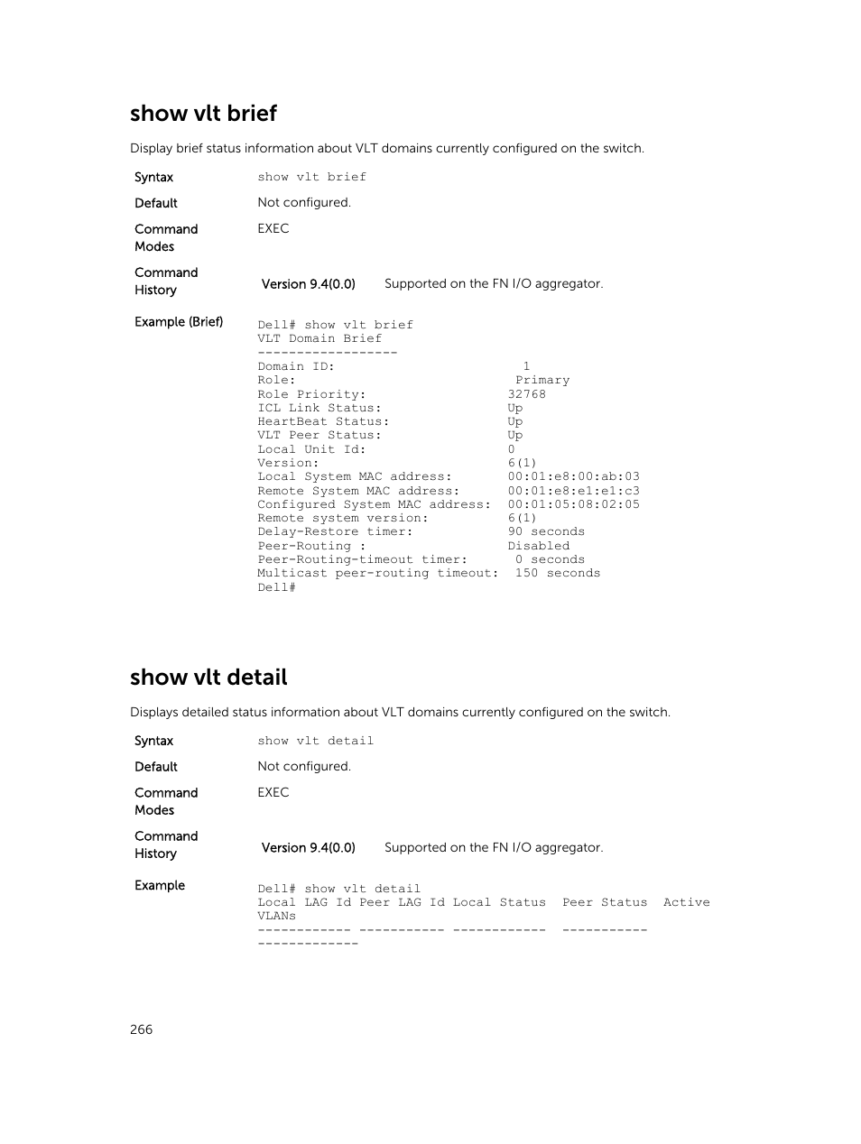 Show vlt brief, Show vlt detail | Dell PowerEdge FX2/FX2s User Manual | Page 266 / 462