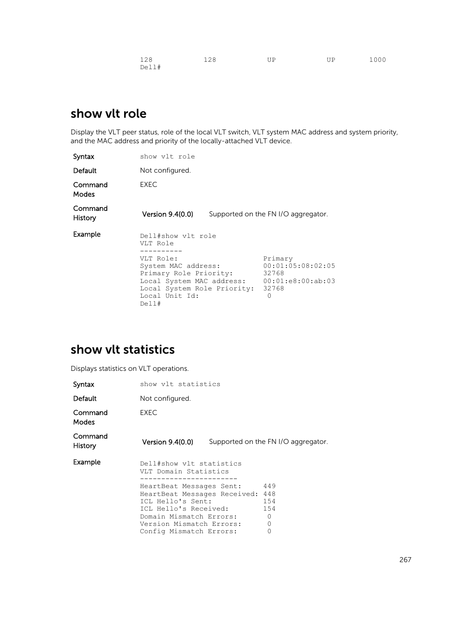 Show vlt role, Show vlt statistics | Dell PowerEdge FX2/FX2s User Manual | Page 267 / 462