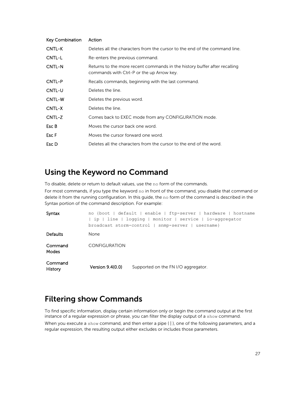 Using the keyword no command, Filtering show commands | Dell PowerEdge FX2/FX2s User Manual | Page 27 / 462