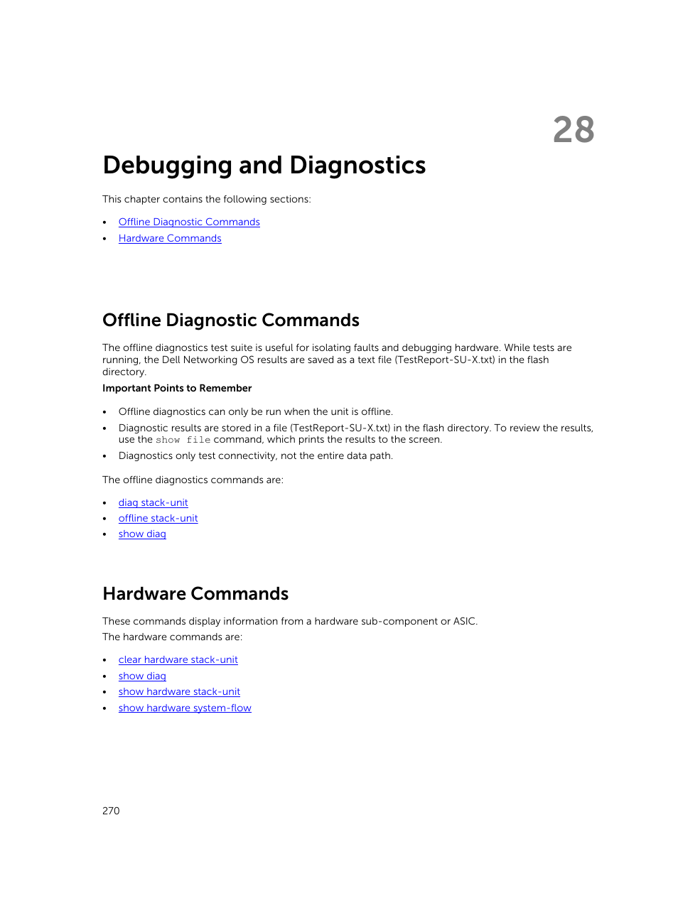 Debugging and diagnostics, Offline diagnostic commands, Hardware commands | 28 debugging and diagnostics | Dell PowerEdge FX2/FX2s User Manual | Page 270 / 462