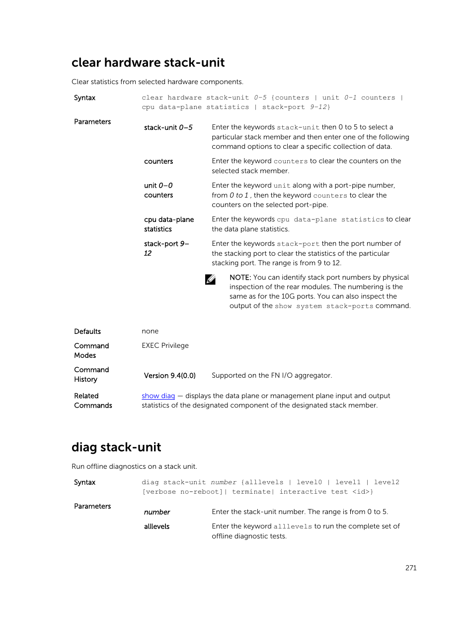 Clear hardware stack-unit, Diag stack-unit | Dell PowerEdge FX2/FX2s User Manual | Page 271 / 462