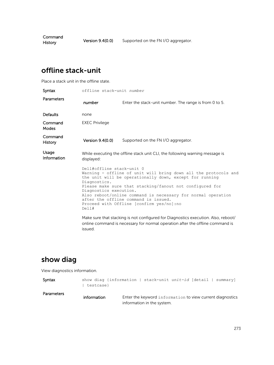 Offline stack-unit, Show diag | Dell PowerEdge FX2/FX2s User Manual | Page 273 / 462