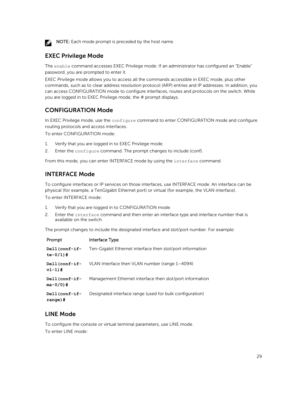 Exec privilege mode, Configuration mode, Interface mode | Line mode | Dell PowerEdge FX2/FX2s User Manual | Page 29 / 462