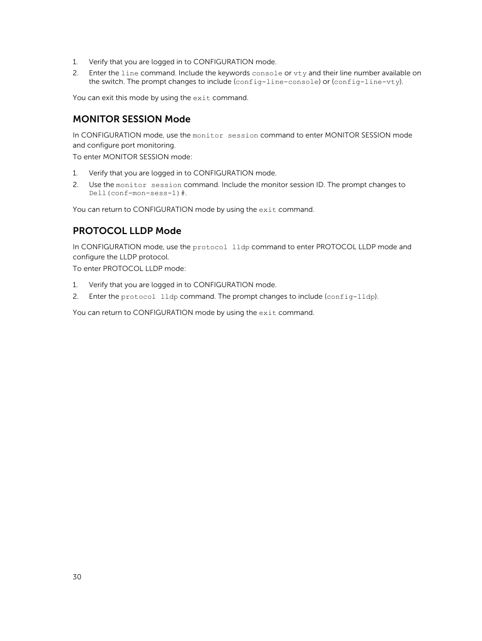 Monitor session mode, Protocol lldp mode | Dell PowerEdge FX2/FX2s User Manual | Page 30 / 462