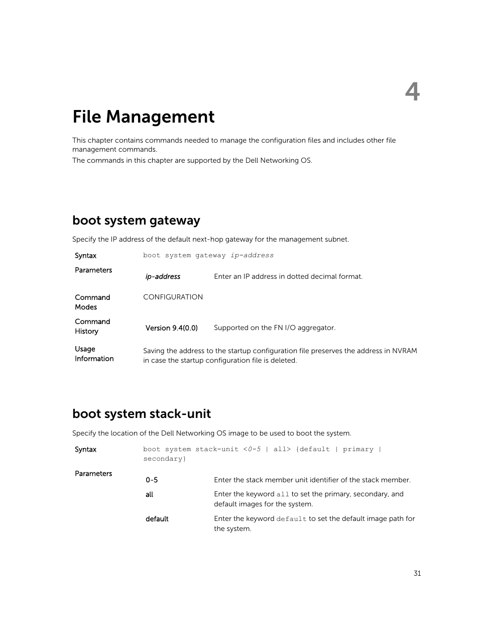 File management, Boot system gateway, Boot system stack-unit | 4 file management | Dell PowerEdge FX2/FX2s User Manual | Page 31 / 462