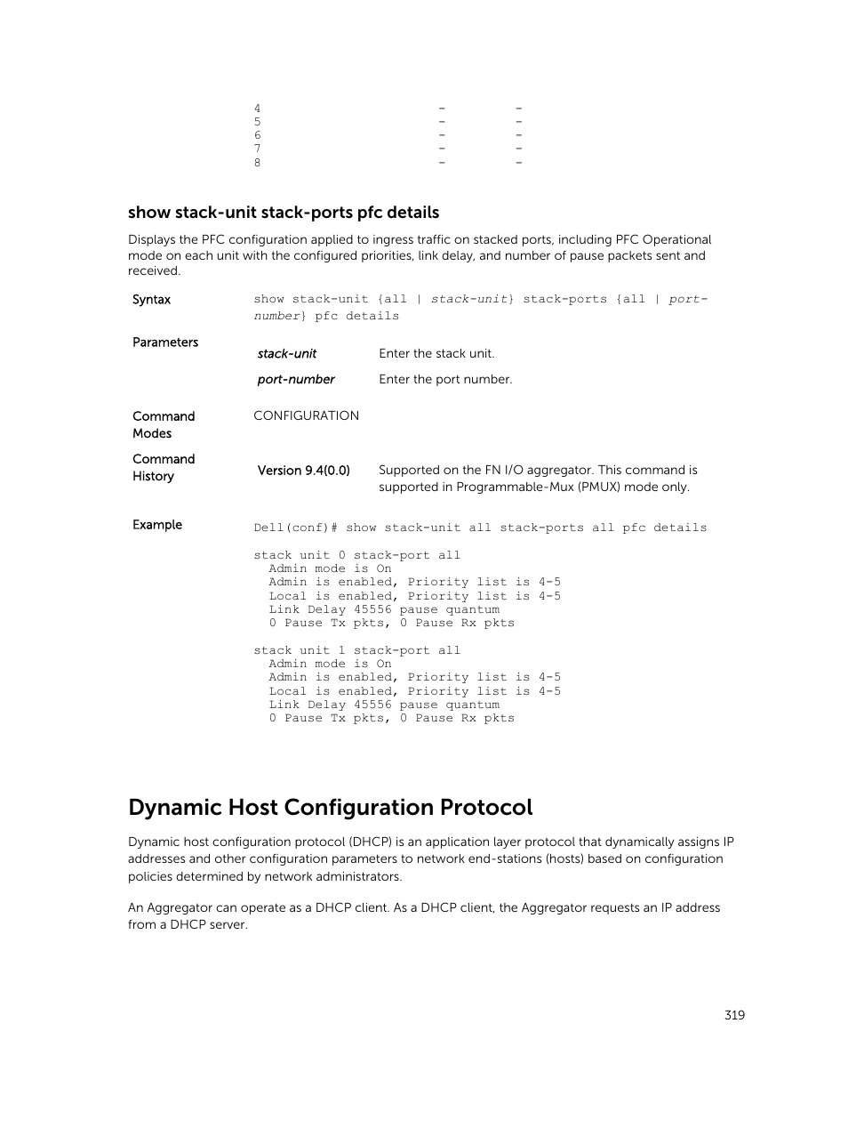 Show stack-unit stack-ports pfc details, Dynamic host configuration protocol | Dell PowerEdge FX2/FX2s User Manual | Page 319 / 462