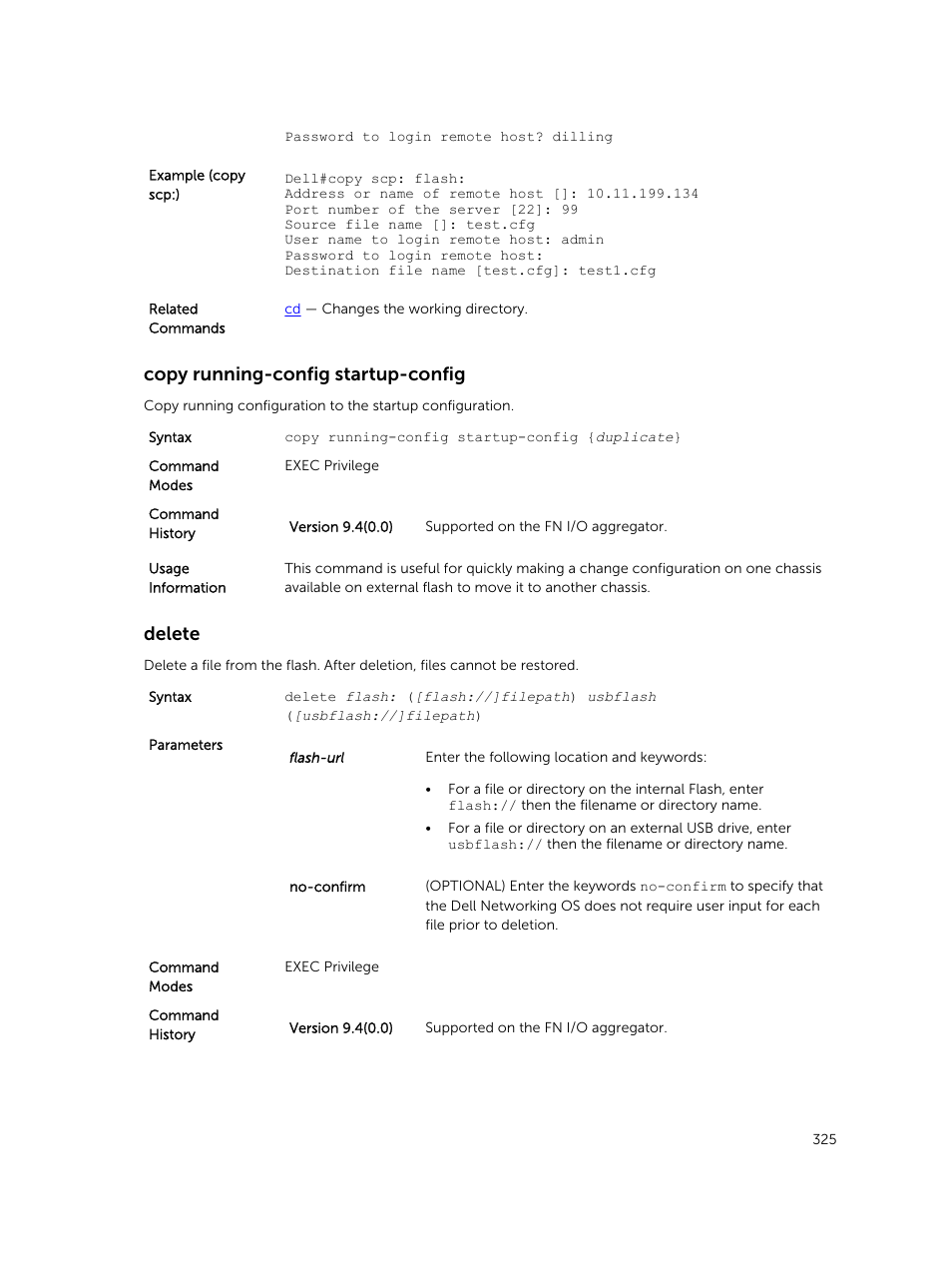 Copy running-config startup-config, Delete | Dell PowerEdge FX2/FX2s User Manual | Page 325 / 462