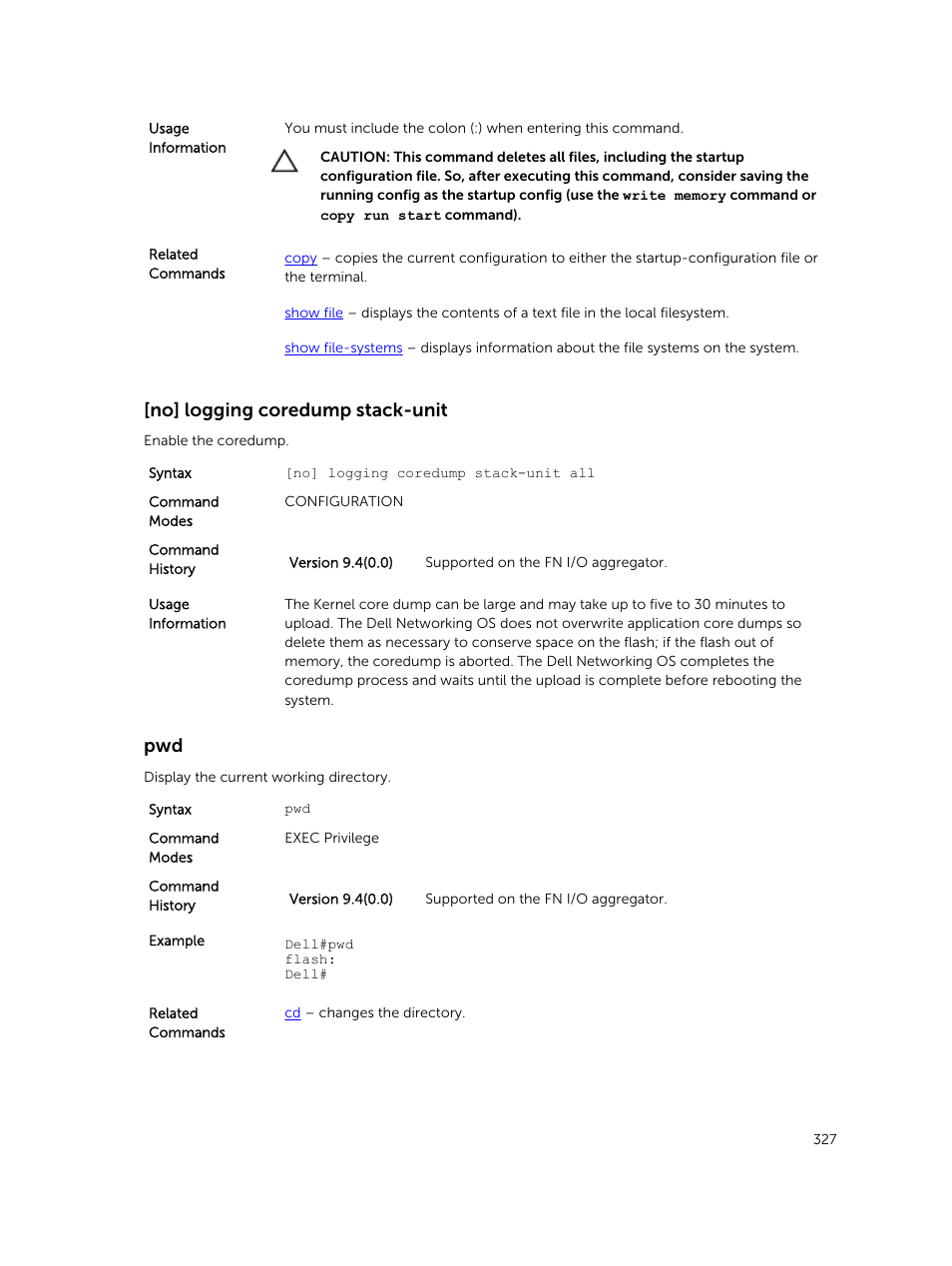 No] logging coredump stack-unit | Dell PowerEdge FX2/FX2s User Manual | Page 327 / 462