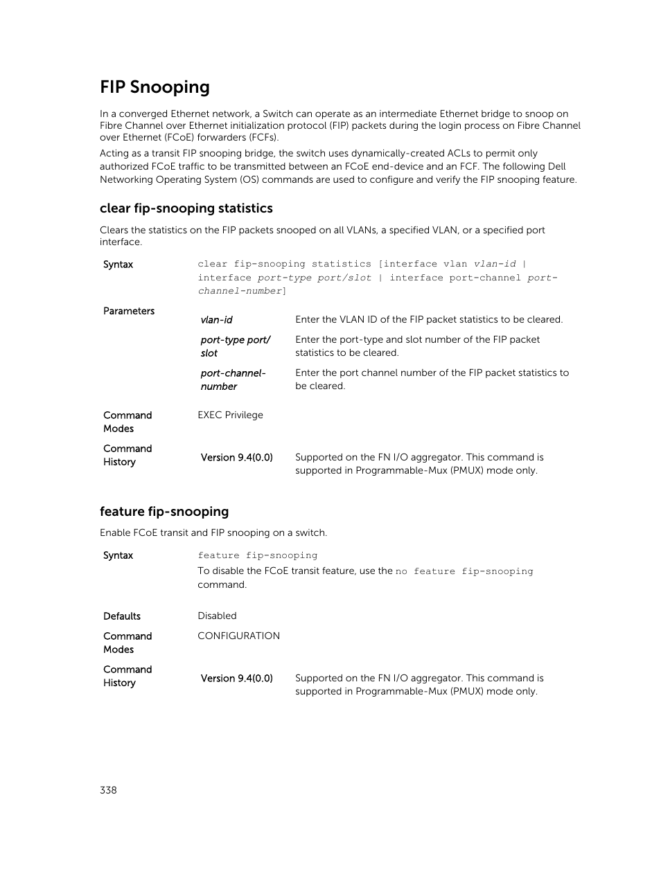 Fip snooping, Clear fip-snooping statistics, Feature fip-snooping | Dell PowerEdge FX2/FX2s User Manual | Page 338 / 462