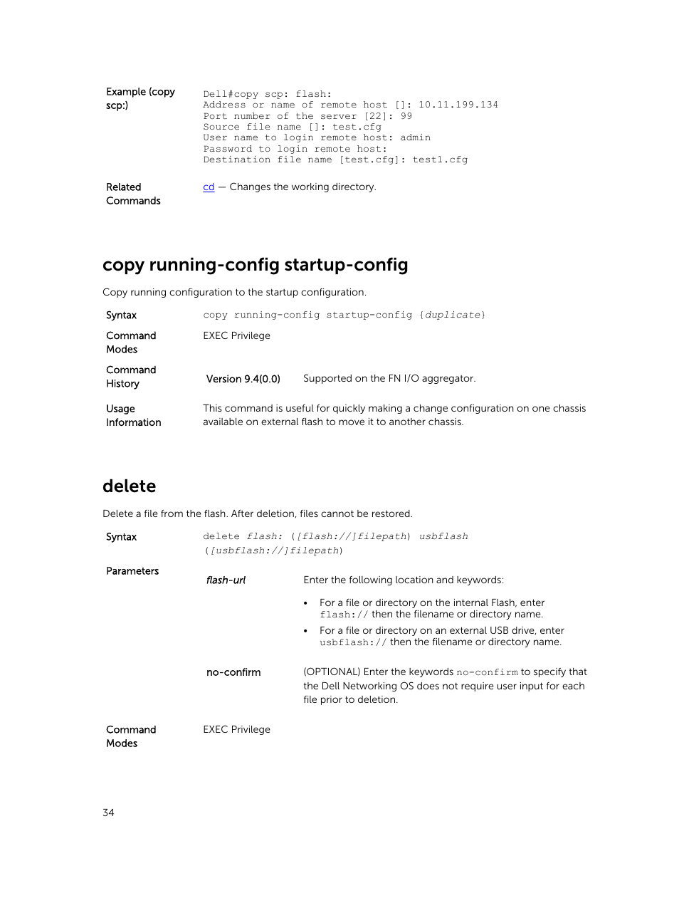 Copy running-config startup-config, Delete | Dell PowerEdge FX2/FX2s User Manual | Page 34 / 462