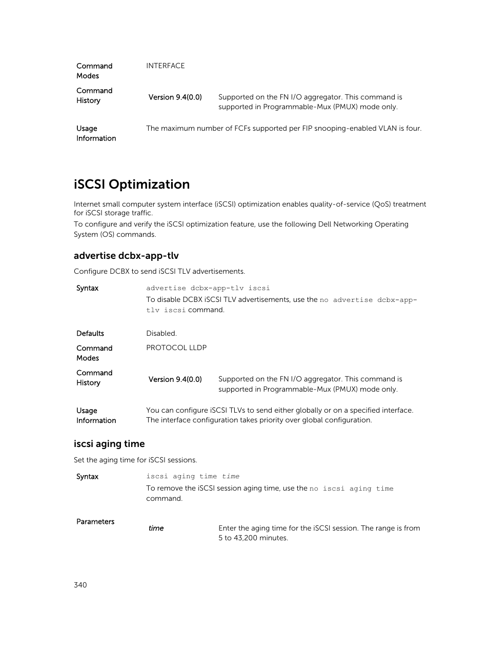 Iscsi optimization, Advertise dcbx-app-tlv, Iscsi aging time | Dell PowerEdge FX2/FX2s User Manual | Page 340 / 462