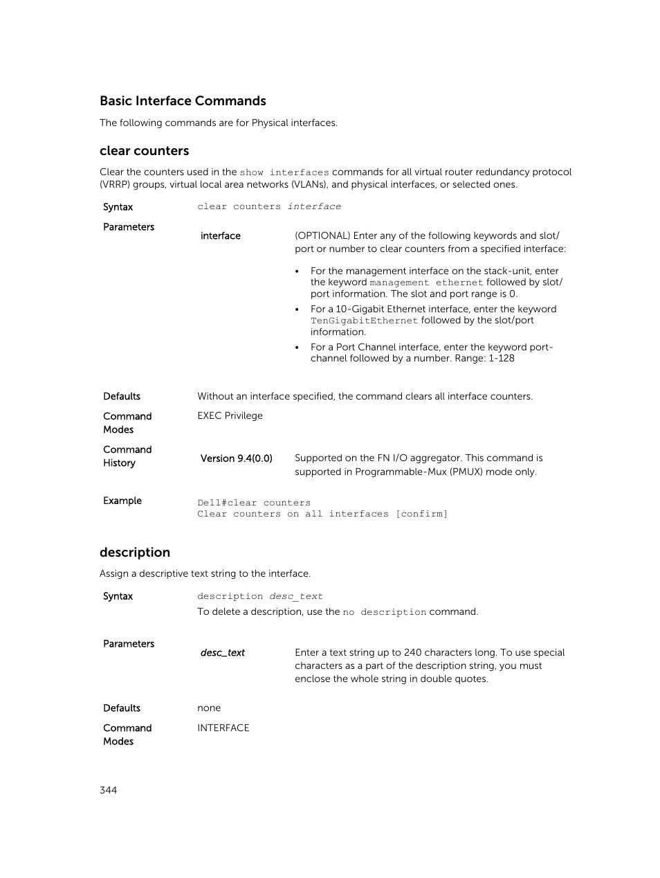 Basic interface commands, Clear counters, Description | Dell PowerEdge FX2/FX2s User Manual | Page 344 / 462