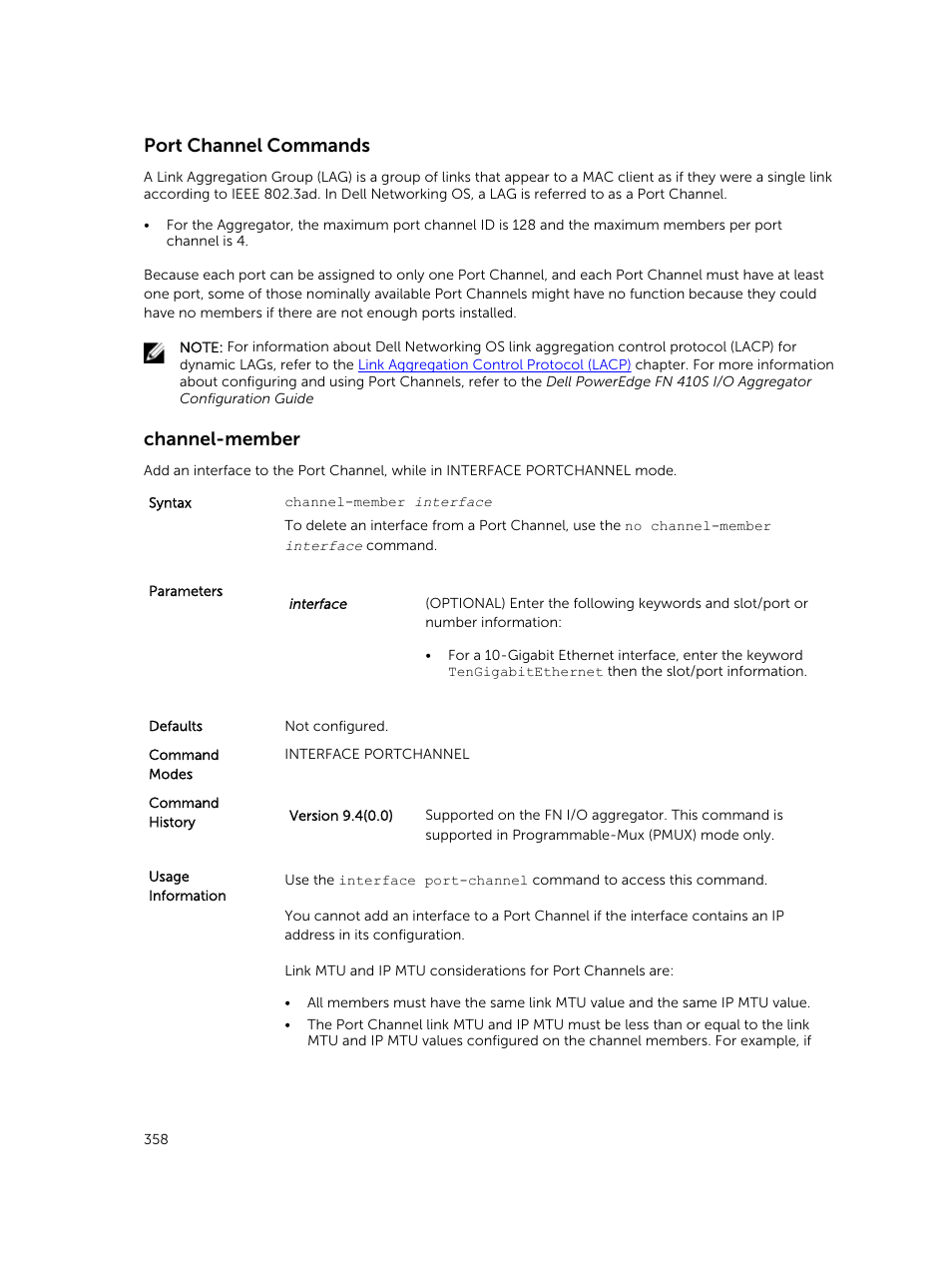 Port channel commands, Channel-member | Dell PowerEdge FX2/FX2s User Manual | Page 358 / 462