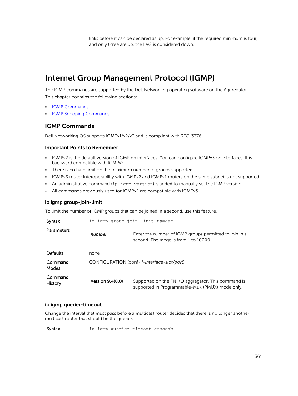 Internet group management protocol (igmp), Igmp commands | Dell PowerEdge FX2/FX2s User Manual | Page 361 / 462