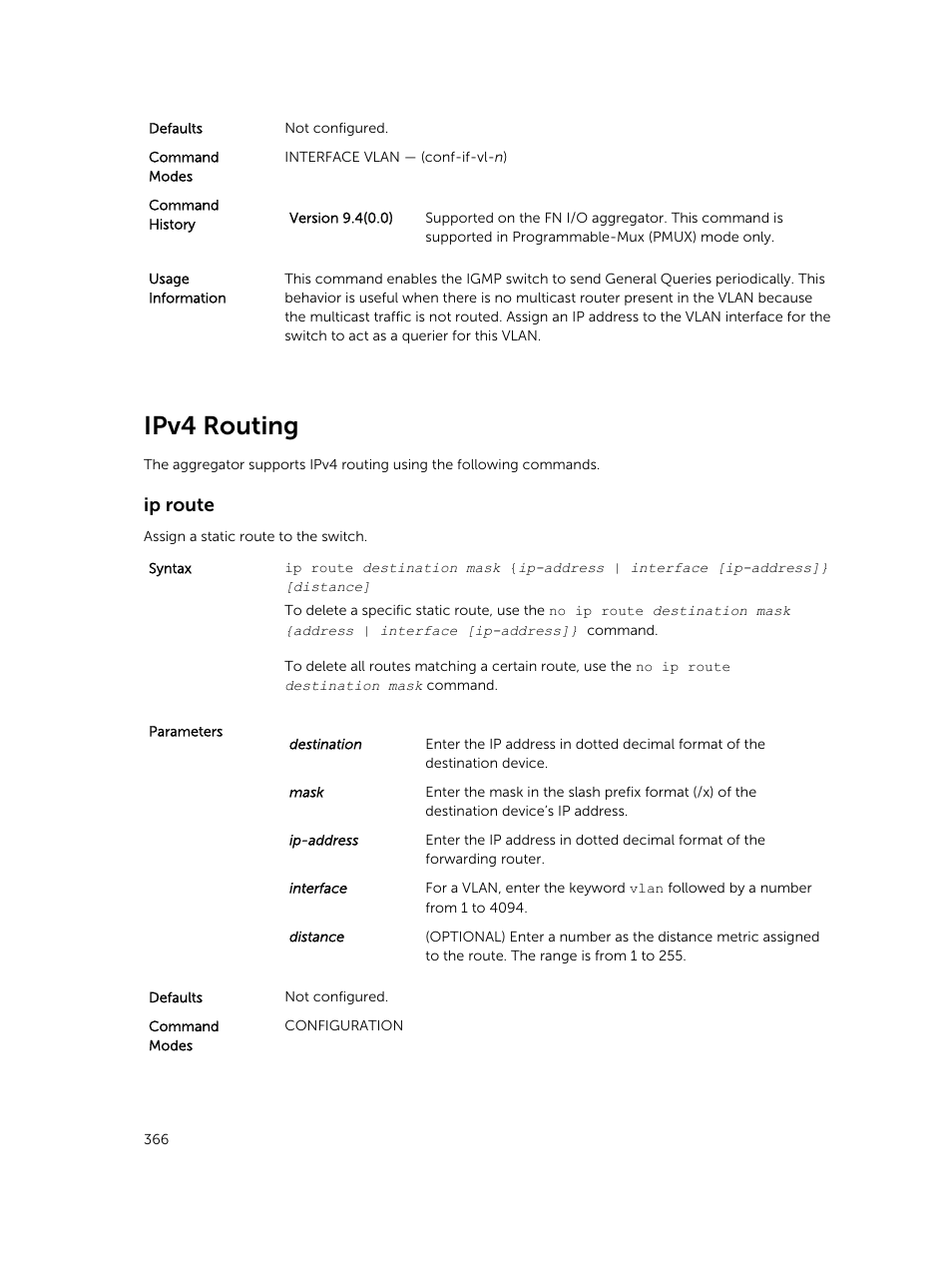Ipv4 routing, Ip route | Dell PowerEdge FX2/FX2s User Manual | Page 366 / 462