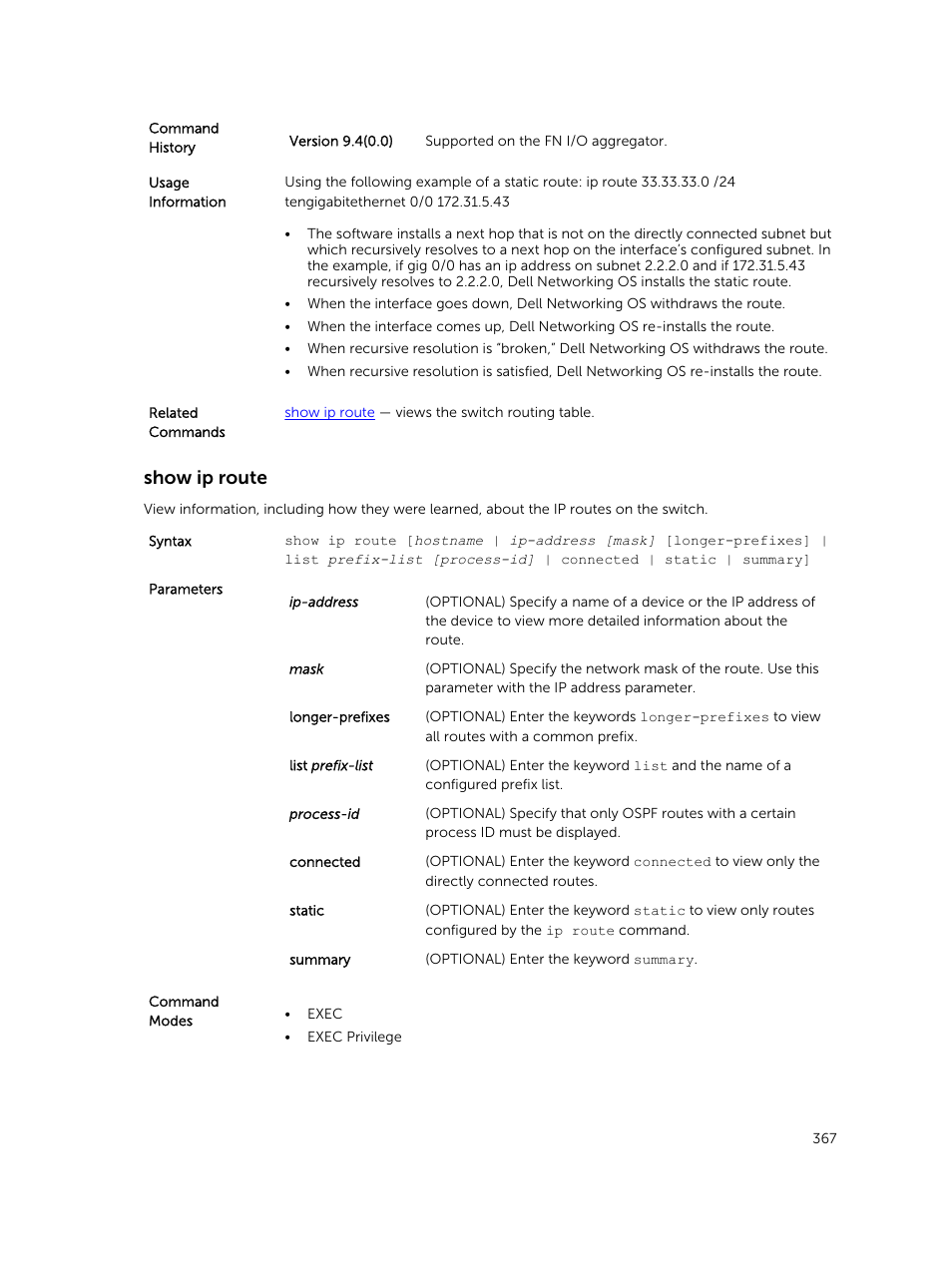 Show ip route | Dell PowerEdge FX2/FX2s User Manual | Page 367 / 462