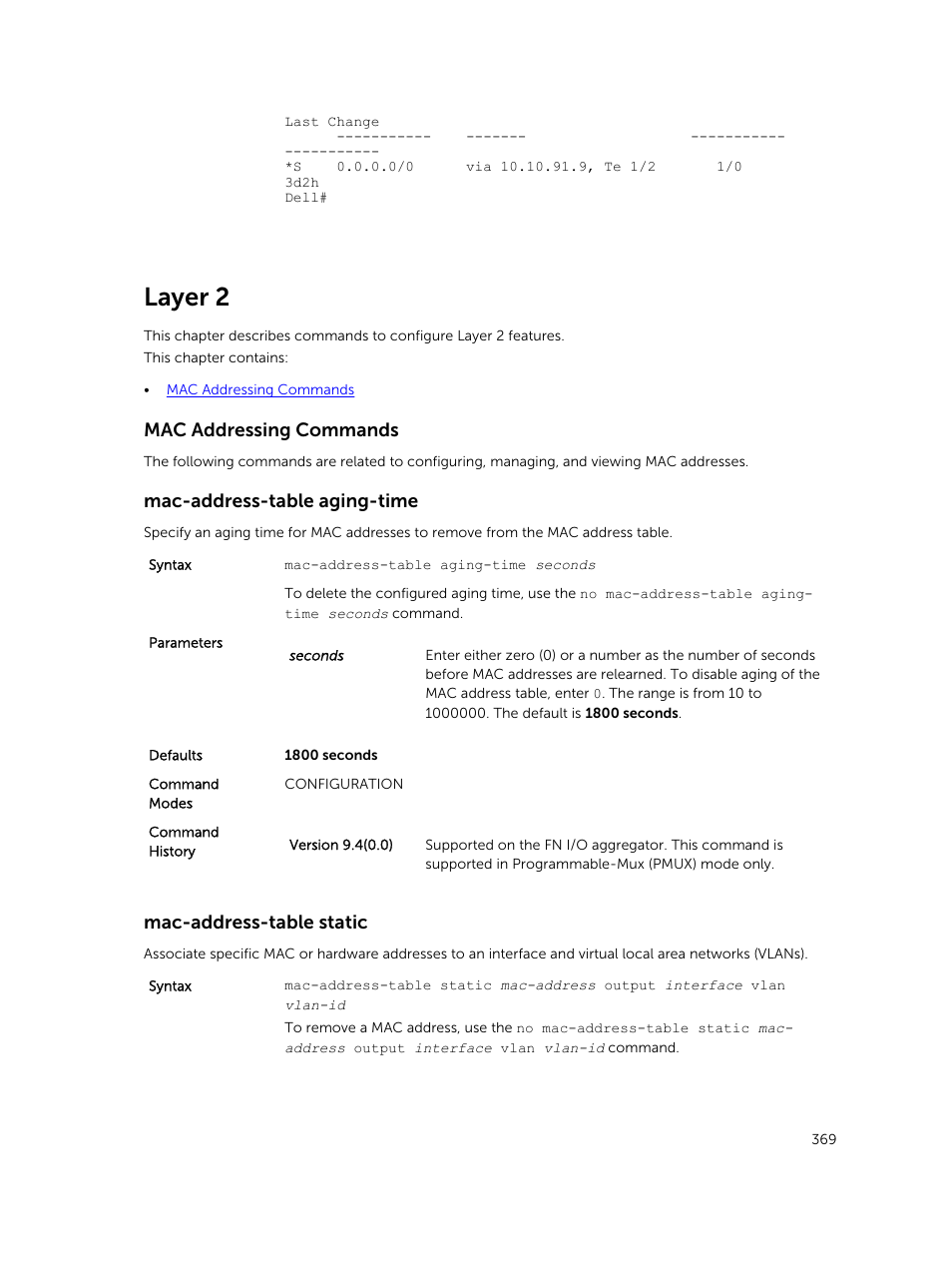 Layer 2, Mac addressing commands, Mac-address-table aging-time | Mac-address-table static | Dell PowerEdge FX2/FX2s User Manual | Page 369 / 462