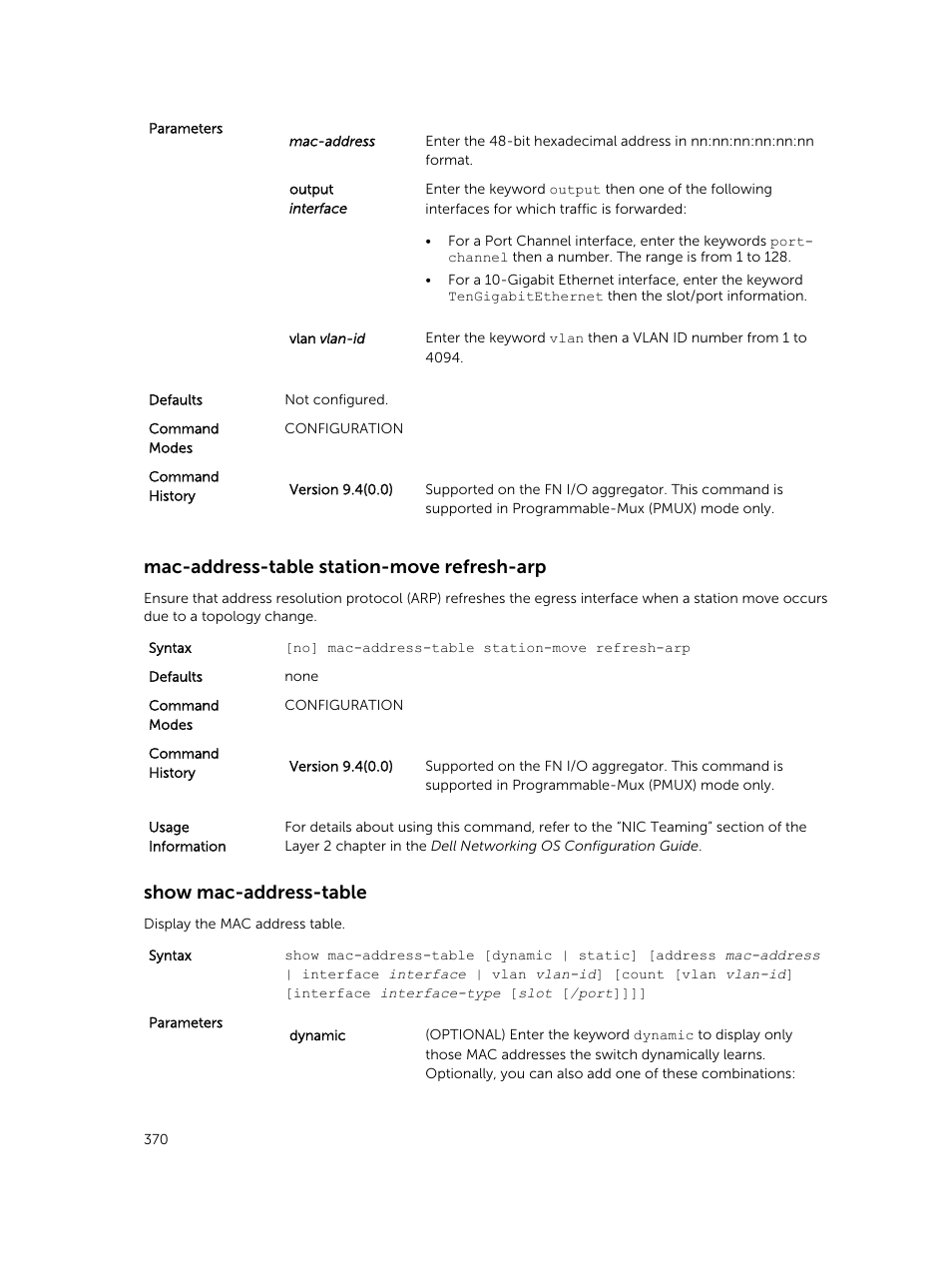 Mac-address-table station-move refresh-arp, Show mac-address-table | Dell PowerEdge FX2/FX2s User Manual | Page 370 / 462