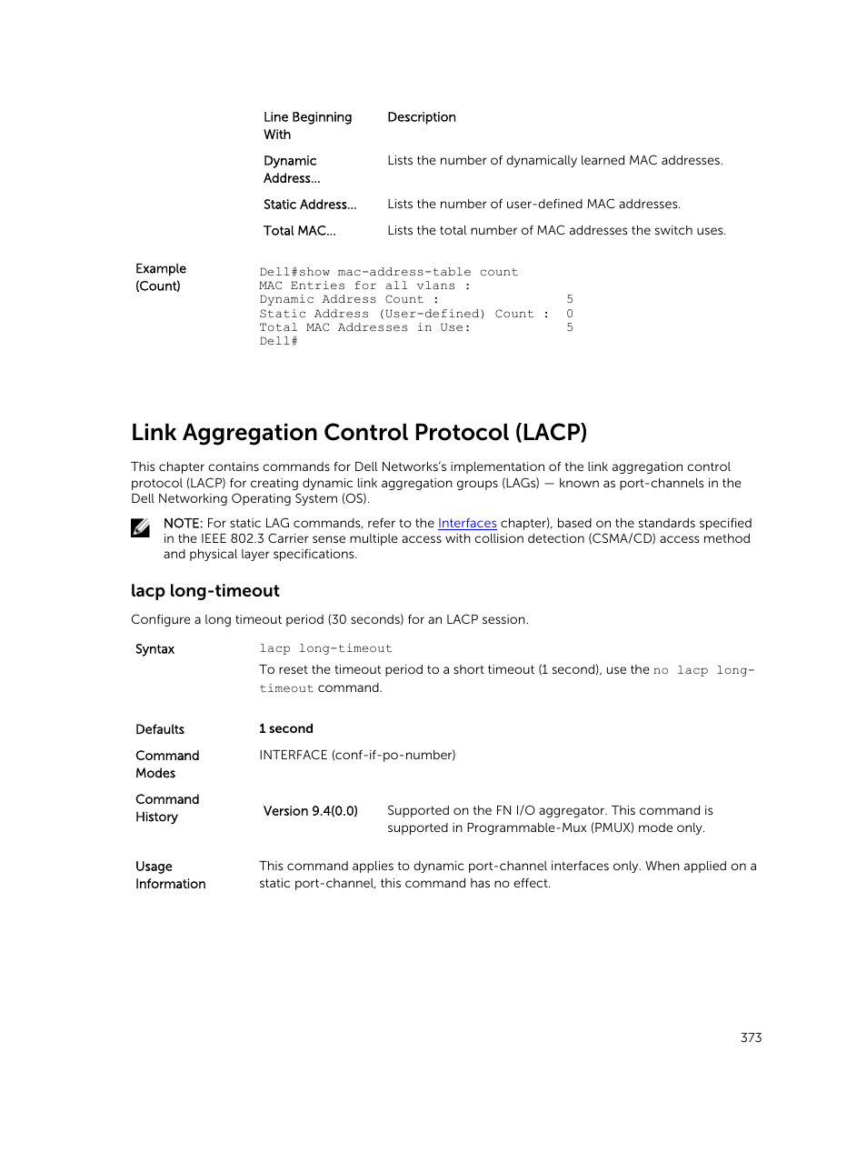 Link aggregation control protocol (lacp), Lacp long-timeout, Dynamic lags, refer to the | Chapter. for more information | Dell PowerEdge FX2/FX2s User Manual | Page 373 / 462