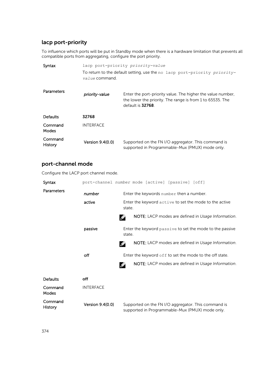 Lacp port-priority, Port-channel mode | Dell PowerEdge FX2/FX2s User Manual | Page 374 / 462