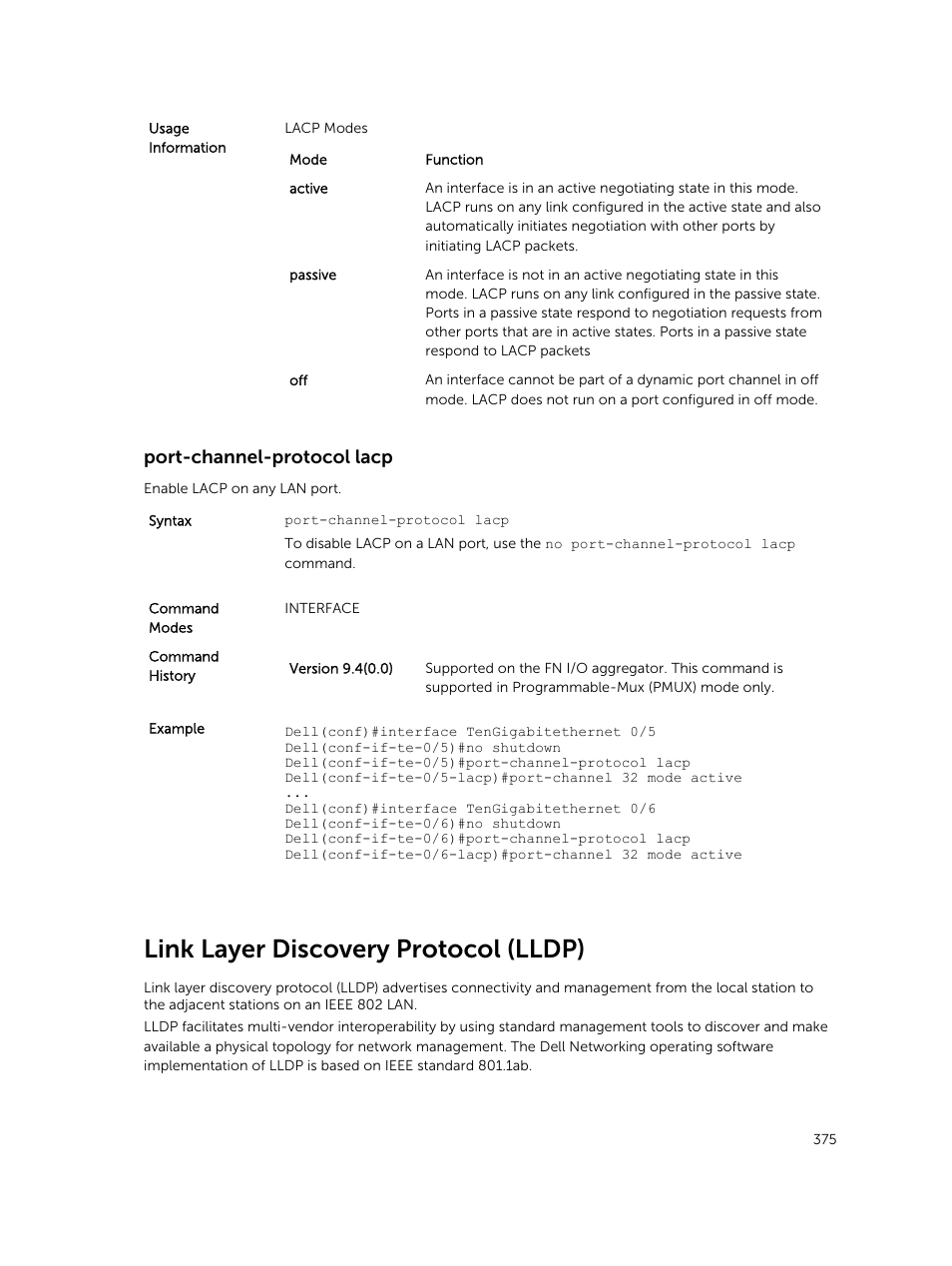 Port-channel-protocol lacp, Link layer discovery protocol (lldp) | Dell PowerEdge FX2/FX2s User Manual | Page 375 / 462