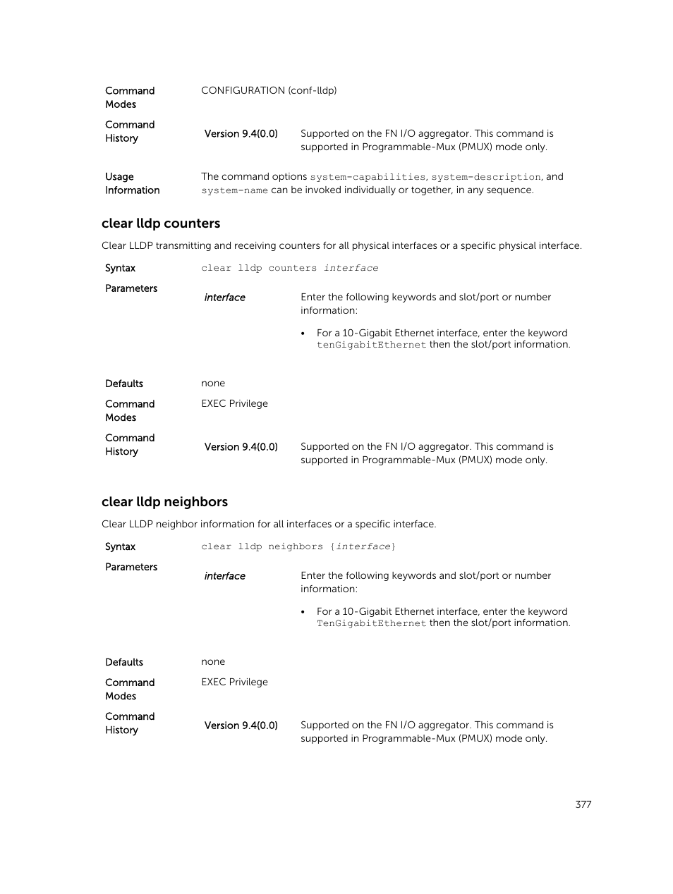 Clear lldp counters, Clear lldp neighbors | Dell PowerEdge FX2/FX2s User Manual | Page 377 / 462