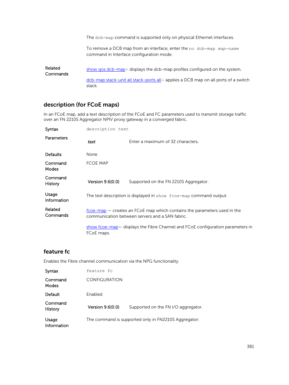 Description (for fcoe maps), Feature fc | Dell PowerEdge FX2/FX2s User Manual | Page 381 / 462