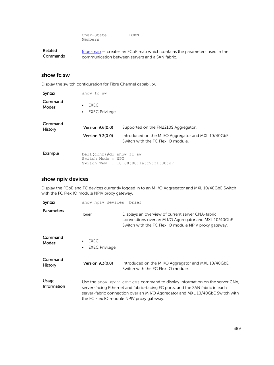 Show fc sw, Show npiv devices | Dell PowerEdge FX2/FX2s User Manual | Page 389 / 462